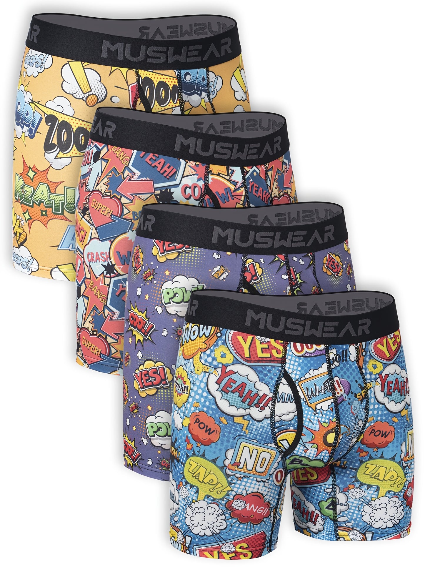 Set of 4 MUSWEAR Men's Boxer Shorts, Moisture-Wicking, Sweat-Absorbing, Side-Opening, Long Length, Print, Quick-Dry Sports Underwear in Cartoon Graffiti Comic Style.