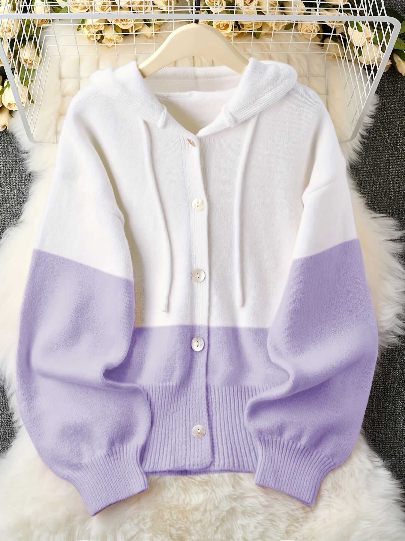 Plus Size - Fresh Pink & White Contrast Hooded Cardigan, Cozy Long Sleeve Cardigan with Button Details, Perfect for Fall/Winter