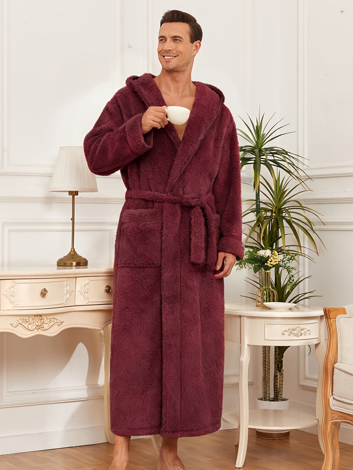 Men'S Thickened Flannel Hooded Bathrobe - Soft Plush Long Sleeve Robe with Pockets, Warm & Breathable Winterrobe for Home, Spa