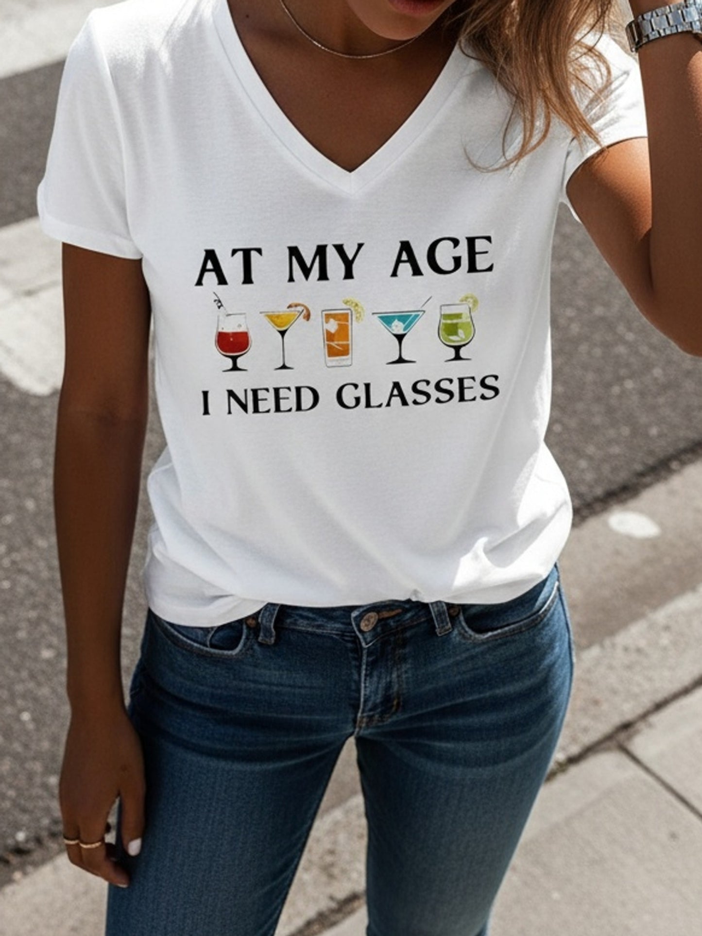 Women'S Funny "At My Age I Need Glasses" Graphic T-Shirt - White V-Neck Tee with Wine Glasses Design - Casual Everyday & Halloween Party Outfit - Standard Size Women'S Top for Mature Humor Lovers, Funny T Shirts, Humorous Clothing, Playful Design, Comfort