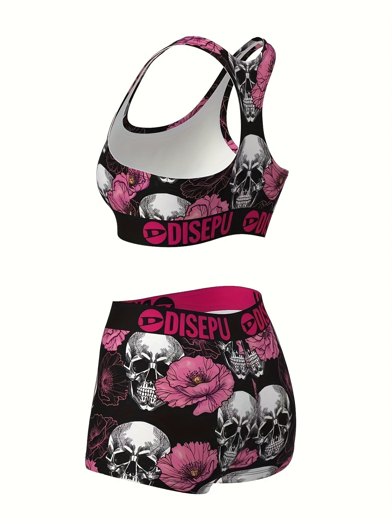 Women's Skull And Pink Flower Print Sports Bra And Shorts Set, Gothic Floral Activewear for Gym, Yoga, Running, Swimming, Halloween Workout, 2pcs Athletic Set, High Stretch Fitness Outfit, Breathable Gymwear, Goth Stylish Loungewear for Daily Use
