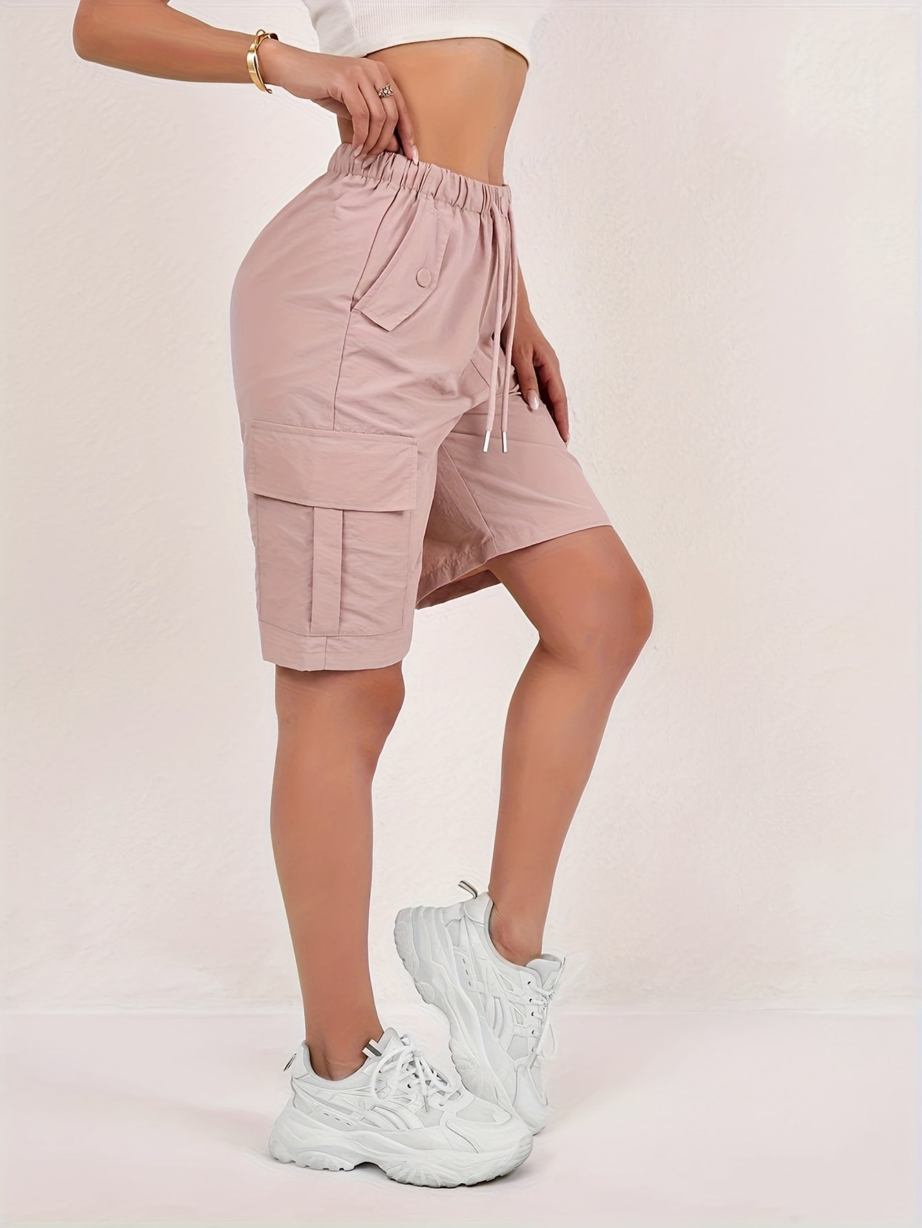2pcs Women's American Workwear Cargo Shorts - Lightweight Straight-Leg with Multiple Pockets, Adjustable Drawstring Waist, Machine Washable Casual Mid-Thigh Length for Spring Summer Fall, Everyday Comfort, Functional Design, Durable Fabric
