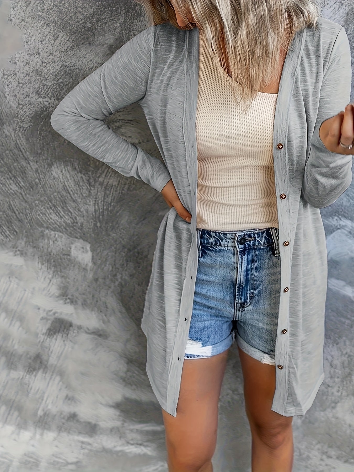 Solid Color Button Front Cardigans, Casual Long Sleeve Long Length Cardigans Top for Spring And Fall, Women'S Clothing