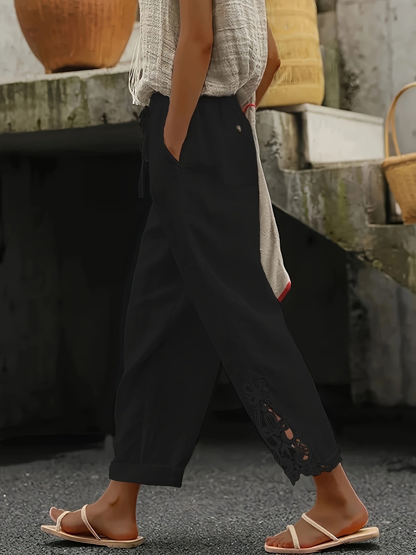 White Lace Trimmed Harem Pants - Drawstring Waist Wide Leg Palazzo with Side Pockets | Women's Boho Vacation Trousers