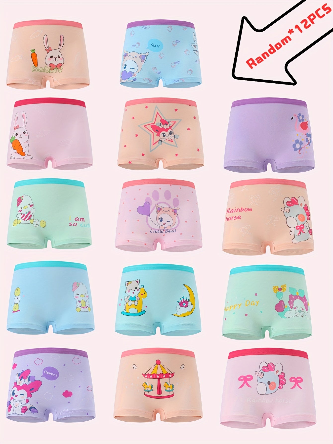 Random 12pcs/Pc Girls Boxers Underwear Cute Cartoon Pattern Elastic Comfortable Breathable Girls Panty