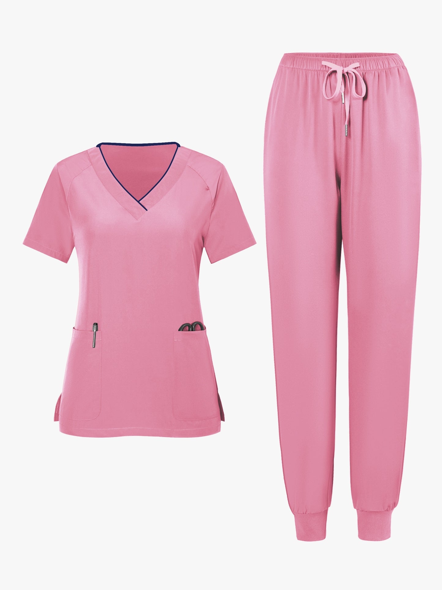 2pcs Set Of Top And Pants, Women's V-neck Frosted Breathable Pocket S Uniform, Brushed Hand Clothes, Work Clothes, Hand Washing Clothes, Pocket Clothes, Leg Binding Pants Set