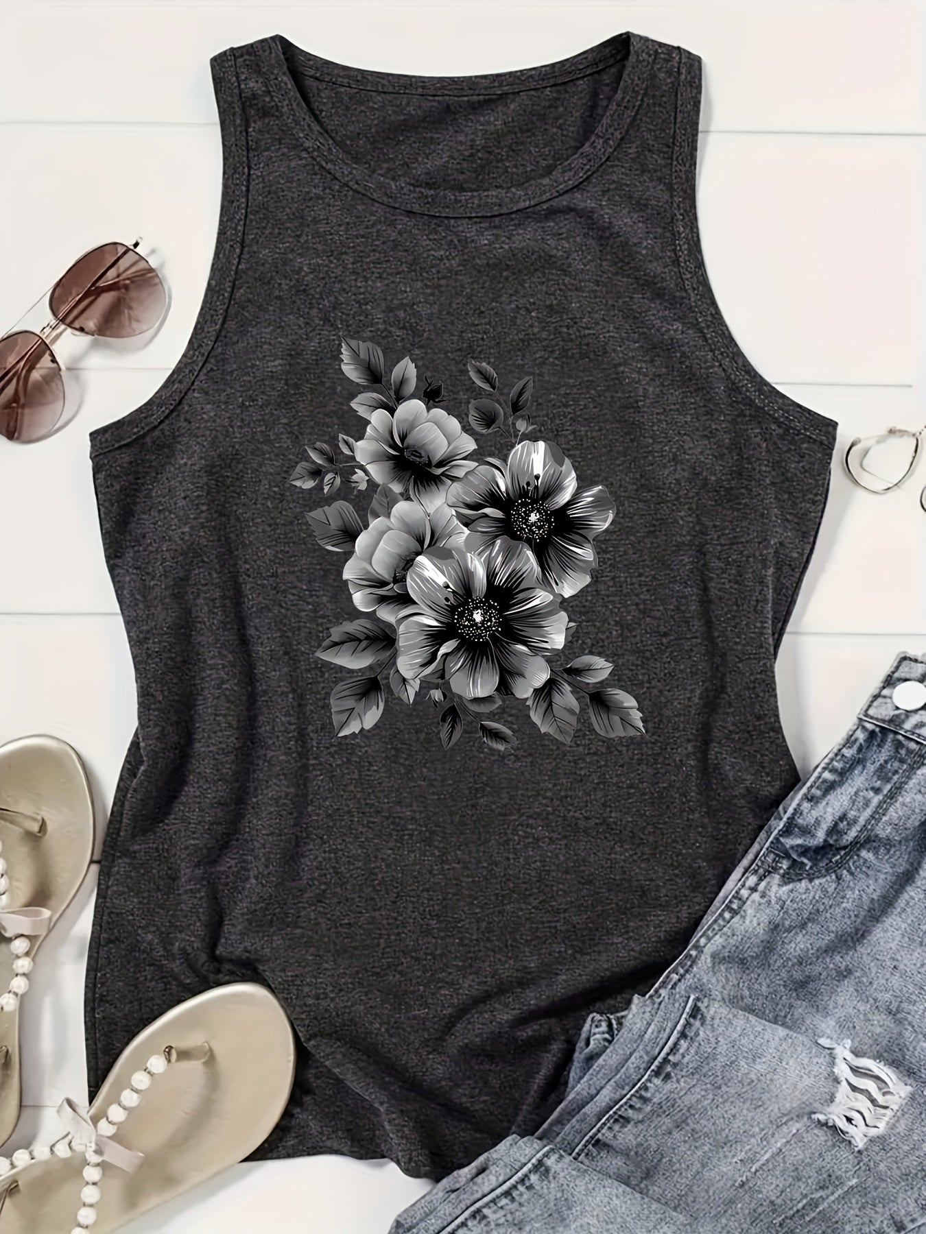 Print Tank Top, Casual Crew Neck Sleeveless Summer Tank Top, Women's Clothing