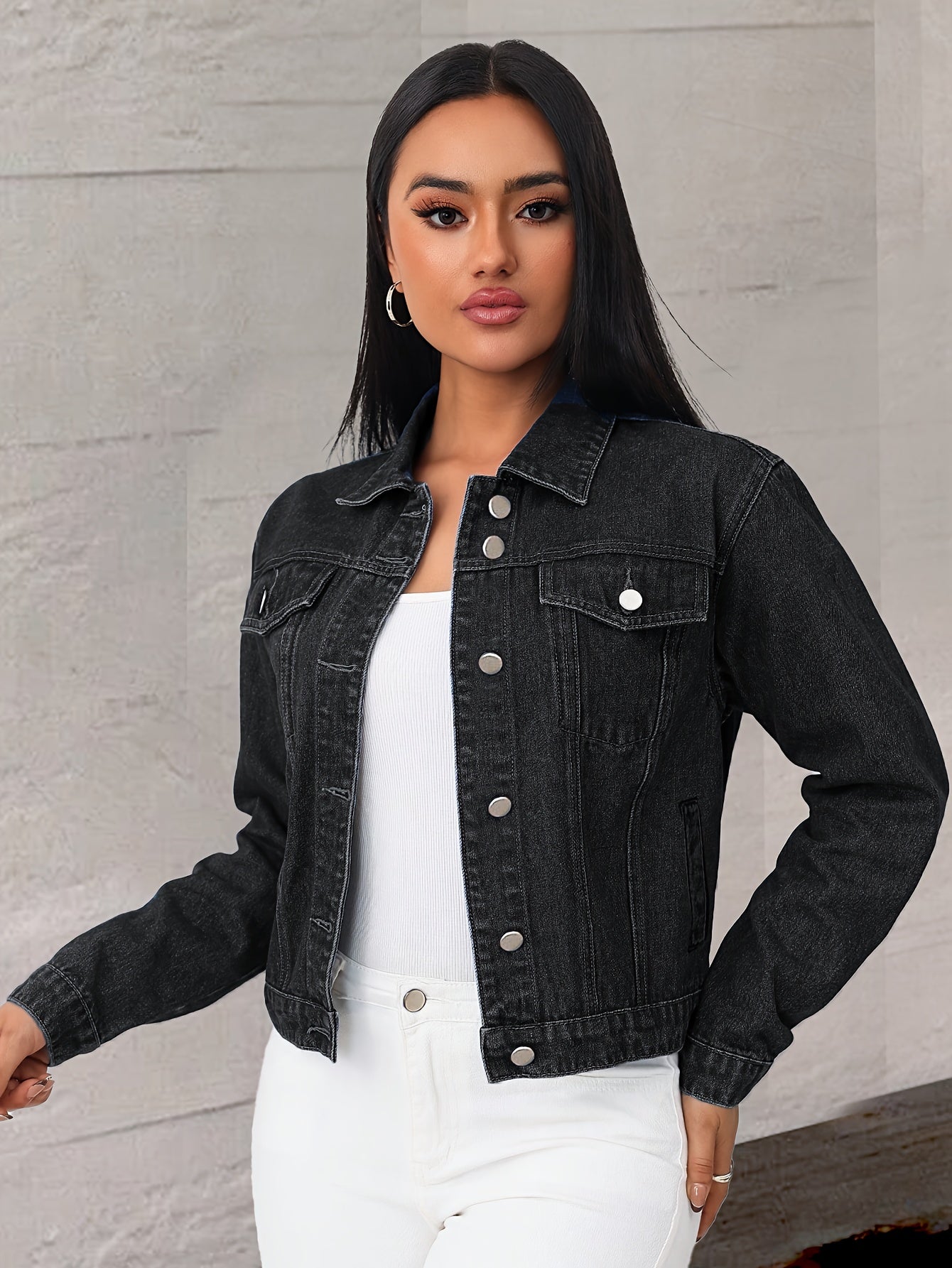 Women Black Denim Jacket Classic Button Front Long Sleeve Casual Outerwear Stylish Collared Short Coat with Pockets Soft Durable Fashion Streetwear Versatile All Season Layering Piece Comfortable Trendy Daily Outfit Essential Chic Modern Denim Style