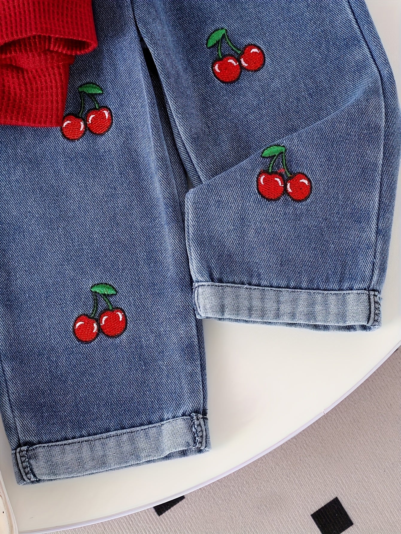 2pcs Baby Girls Set Notched Collar Ribbed Long Sleeve Faux Two-Piece Polo Shirt Cherry Embroidery Straight Leg Jeans Spring Fall Cute Casual Outdoor, for Outdoor