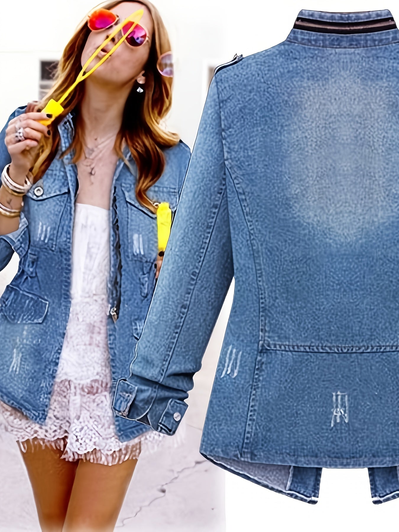 1pc Women's Short Round Neck Three - Quarter Sleeve Light Blue Denim Jacket | Casual Stylish for Daily Outfits, Shopping & Spring - Autumn Wear | Size S - XXL
