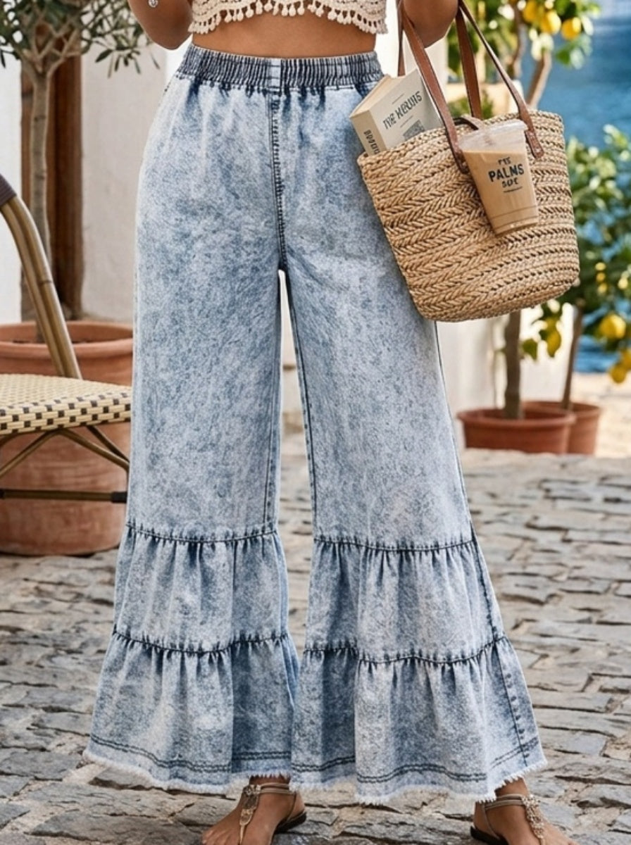 Women'S Large Size Ruffle Hem Denim Wide Leg Raw Edge Pants