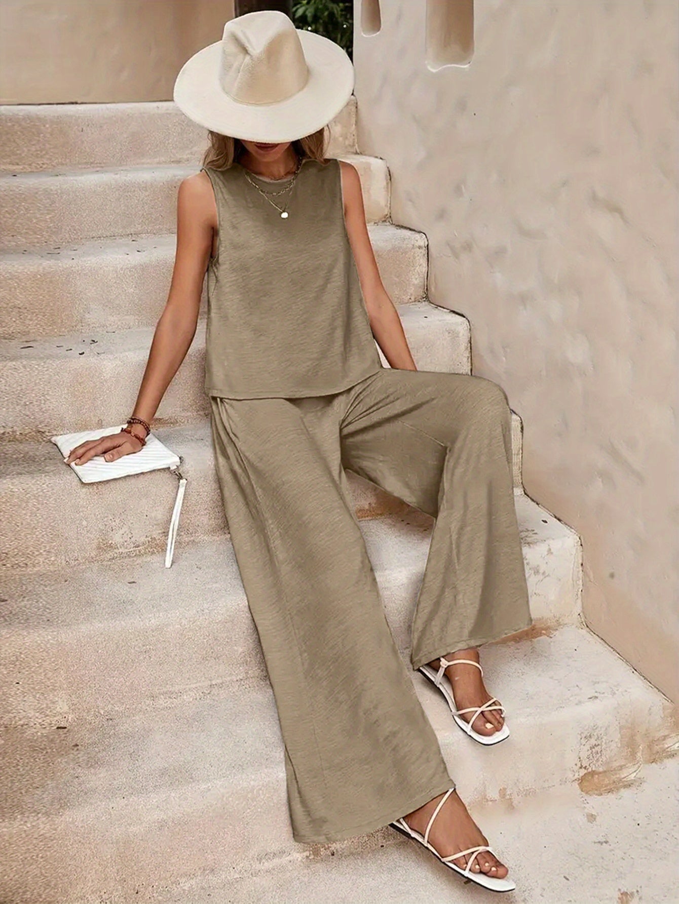 Women 2pcs Lounge Set, Crew Neck Sleeveless Tank Top Wide Leg Pants, Summer Casual Outfit for Daily, Travel Or Party