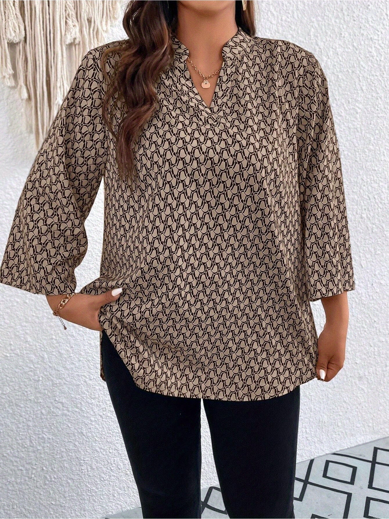 Plus Size, Plus Size Casual Top, Women's Plus Size Allover Print Roll Sleeve Split Neck Tunic Top