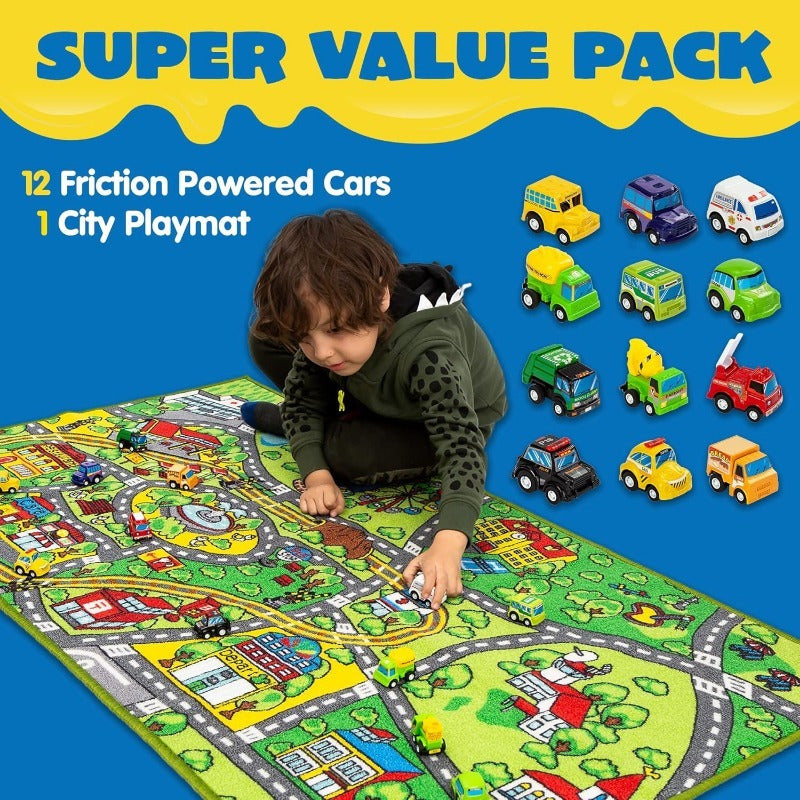 Carpet Playmat for Kids Age 3+, 12 Cars Pull-Back Vehicle Set Toy, Jumbo Play Room Rug, Indoor City Pretend Play, Perfect Christmas Birthday Gifts for Boys And Girls