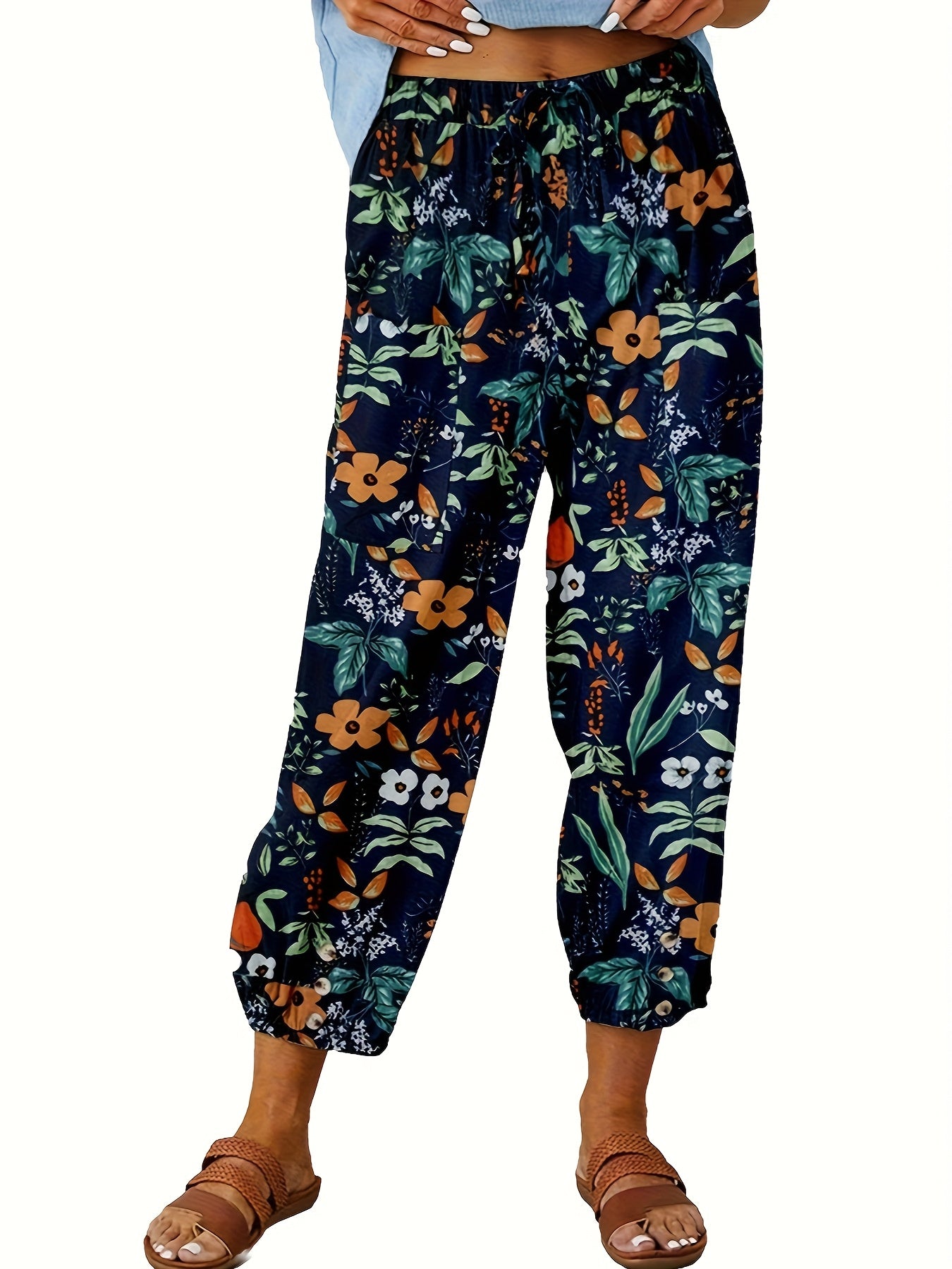 FOEIERAA 3pcs Women's High Waist Jogger Pants, Elastic Waist Retro Print, Loose Comfortable Casual Trousers for Outdoor Commute