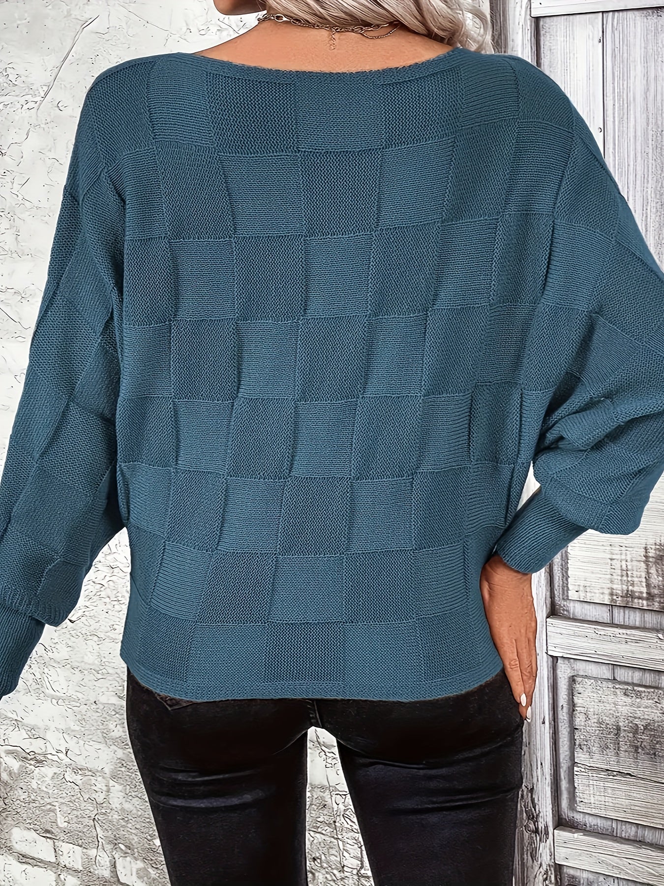 Checkered Pattern Boat Neck Batwing Long Sleeve Casual Holiday Business Commuting Warm Autumn Winter Fashion Women'S Top