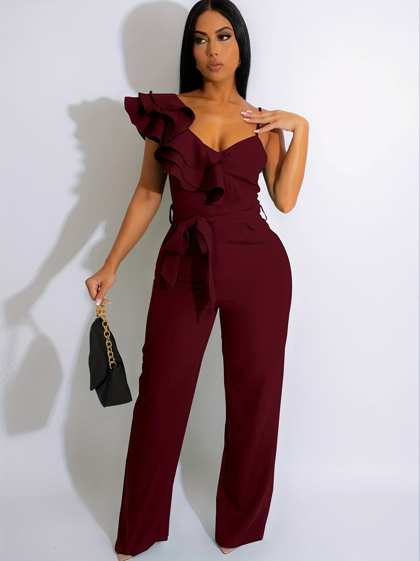 Womens Casual 1pc Jumpsuits V-Neck Sleeveless Ruffle Elegant Romper Wide Leg Pant Sexy Party Clubwear Overalls