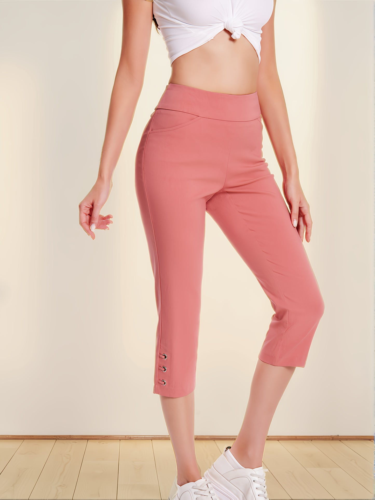 Women's Pull On Straight Leg Capri Pants Stretch Comfort Fit with Eyelet Detail And Two Pockets
