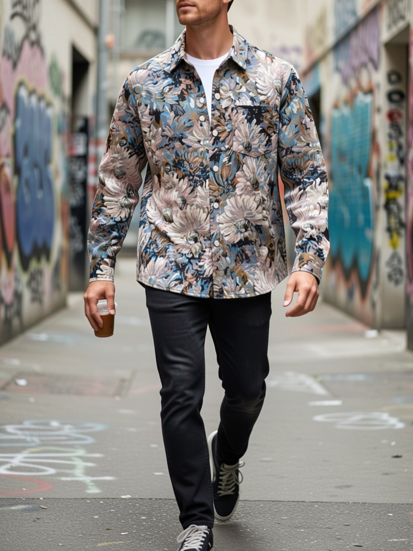 Multi-Functional Long-Sleeve Shirt Jacket Featuring Abstract Oil Painting Embroidery - Ideal for Any Season, Can Be Washed in a Machine