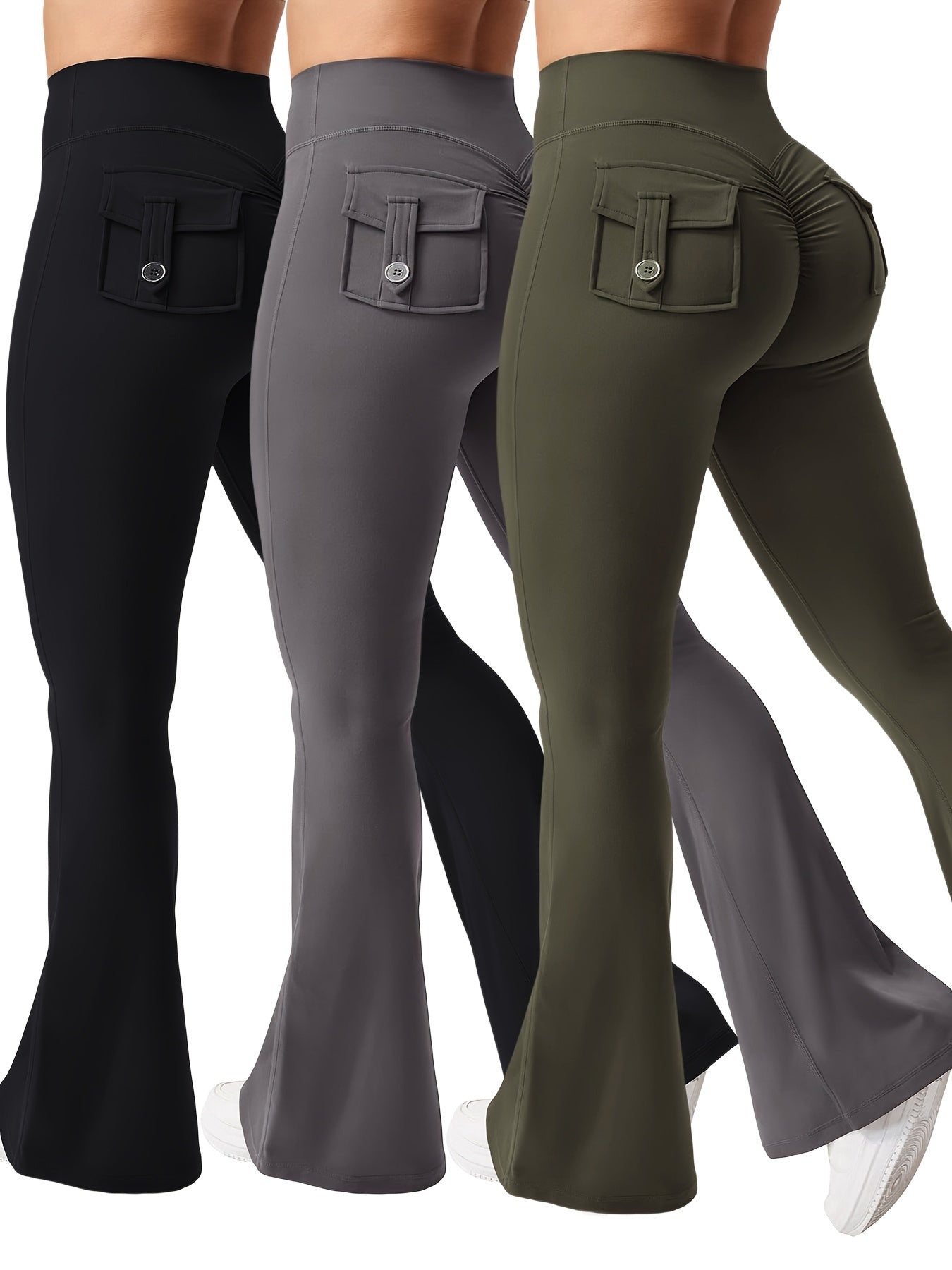 Women's Autumn 3pcs Set, New Style Casual Flared Yoga Pants, Training Flared Trousers, High-Waist Workwear with Belt and Pockets, Sportswear, Halloween Costume, Christmas Apparel
