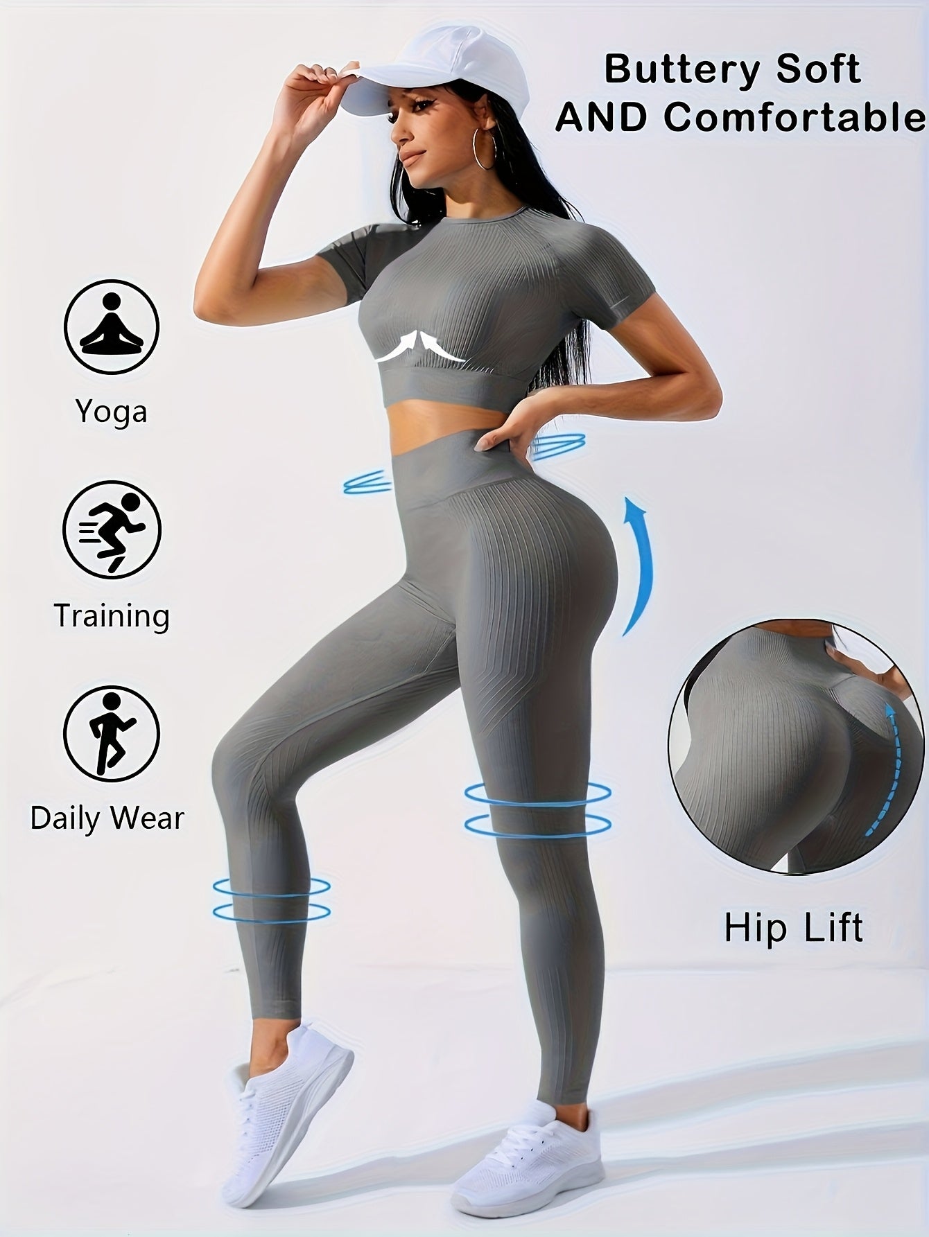 Women's 2pcs Workout Set - Yoga Top & Leggings, Crew Neck, Medium Stretch, Solid Color, All-Season Activewear, Workout