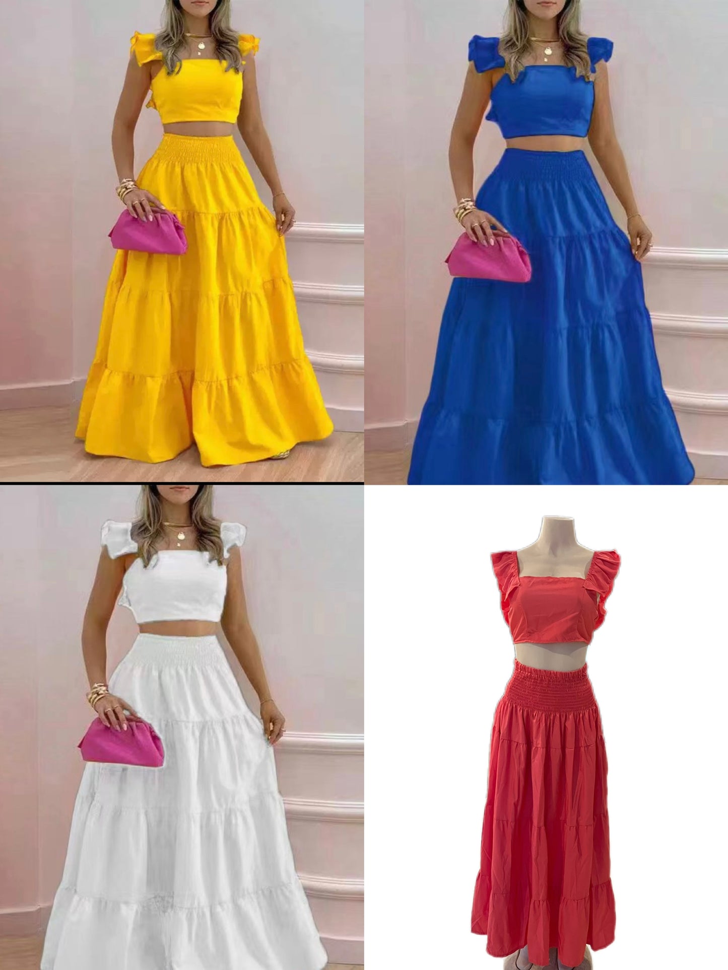 22024 (1pc) Summer Blooms Two-Piece Set - Womens Ruffled Crop Top & Flowy Maxi Skirt Ensemble, Elegant Occasion Wear