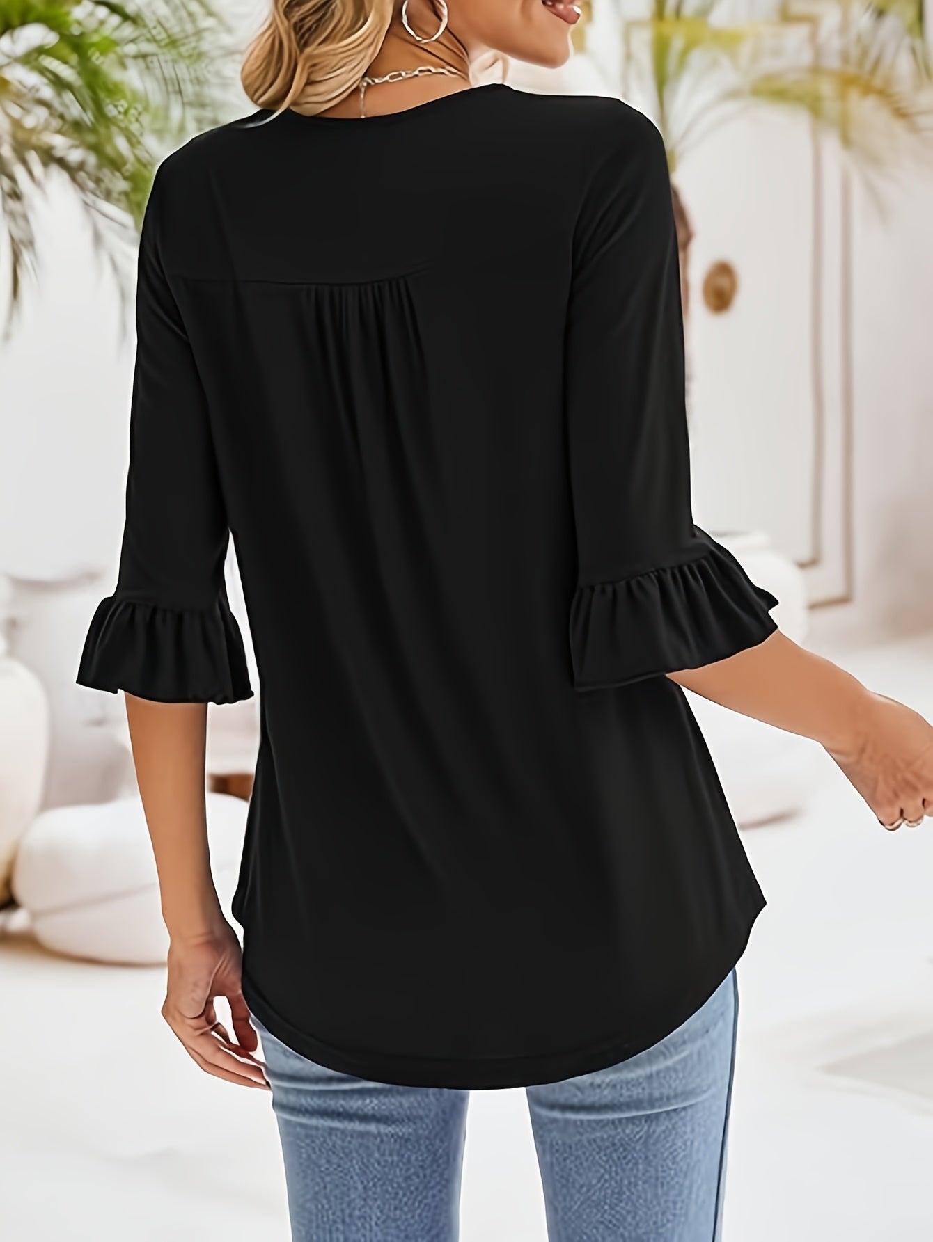 Women'S Casual Chic 3/4 Sleeve Square Neck Ruffle Hem T-Shirt - Soft Peach, Loose Fit, Machine Washable, Perfect for Casual Attire, Blouse with Elegant Ruffle Hem