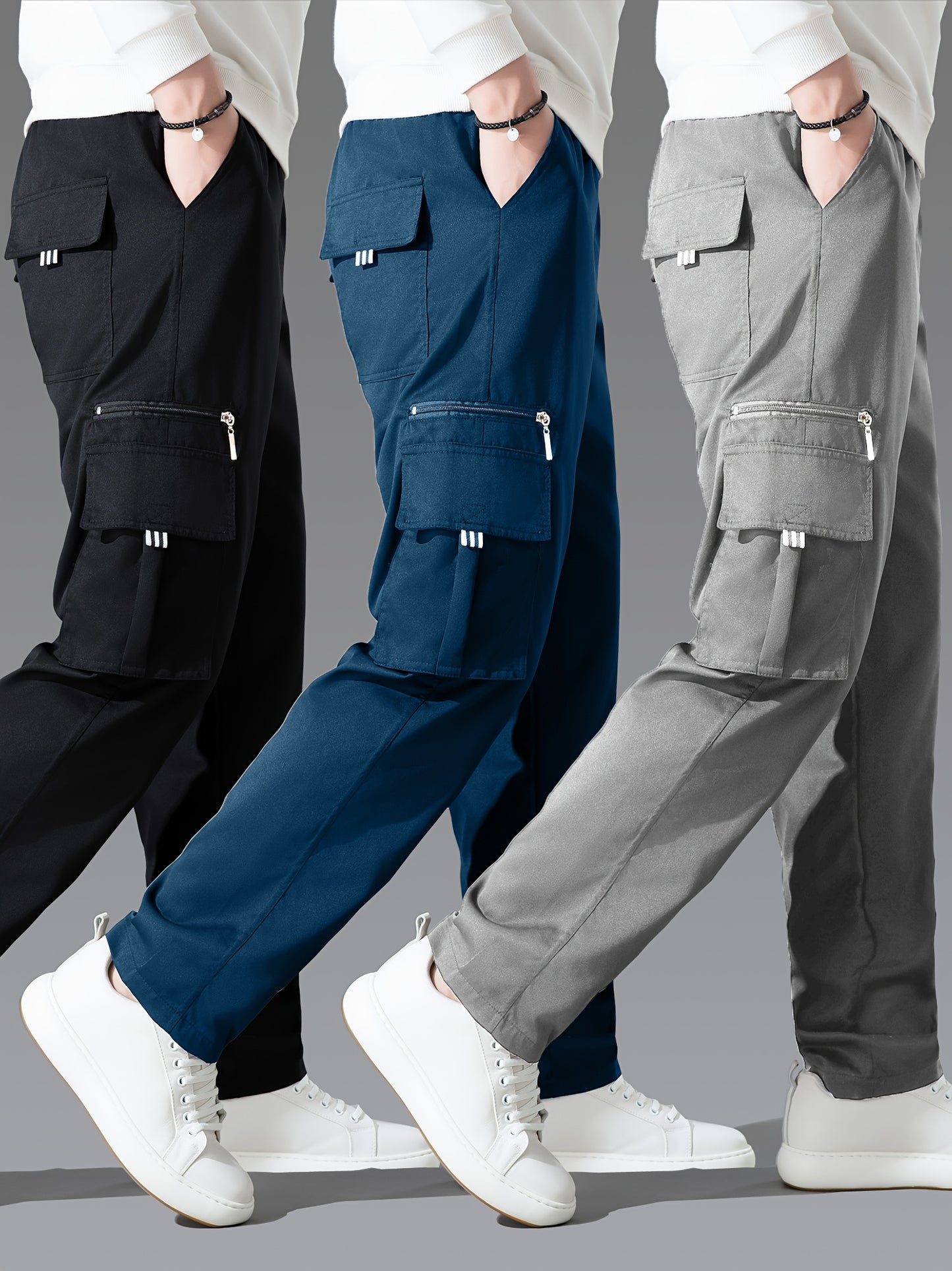 3pcs Men'S Casual Solid Color Cargo Pants, Polyester Non-Stretch Woven Fabric, Multiple Pockets, Regular Fit, Spring/Fall Season, Hiking & Outdoor Scene, Weekend Casual Occasion, Thick