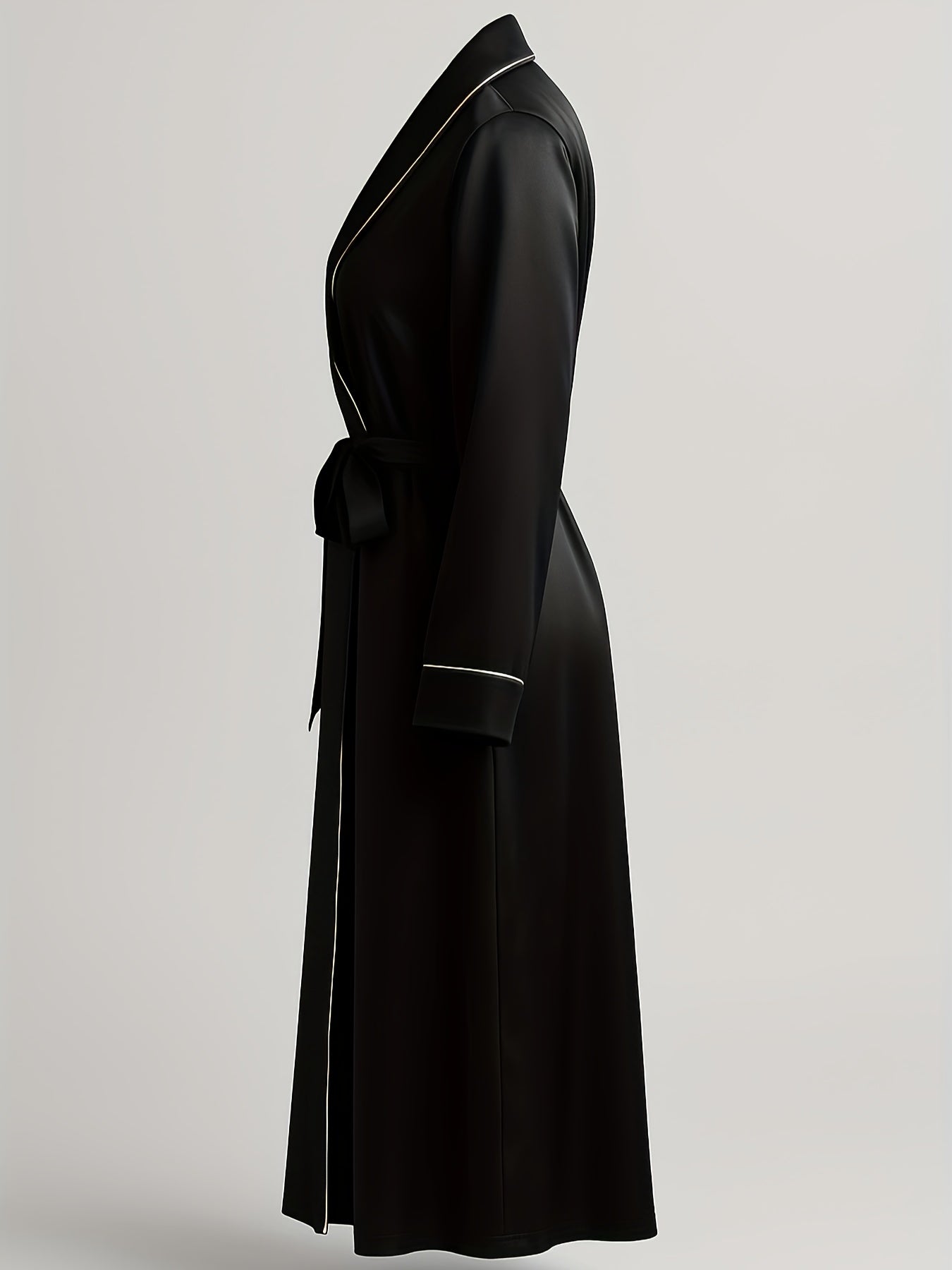 Elegant Black Nightgown with Long Sleeves And a V-Tie Belt Design, Featuring a Luxurious Satin End, Perfect for Women to Wear As Outerwear