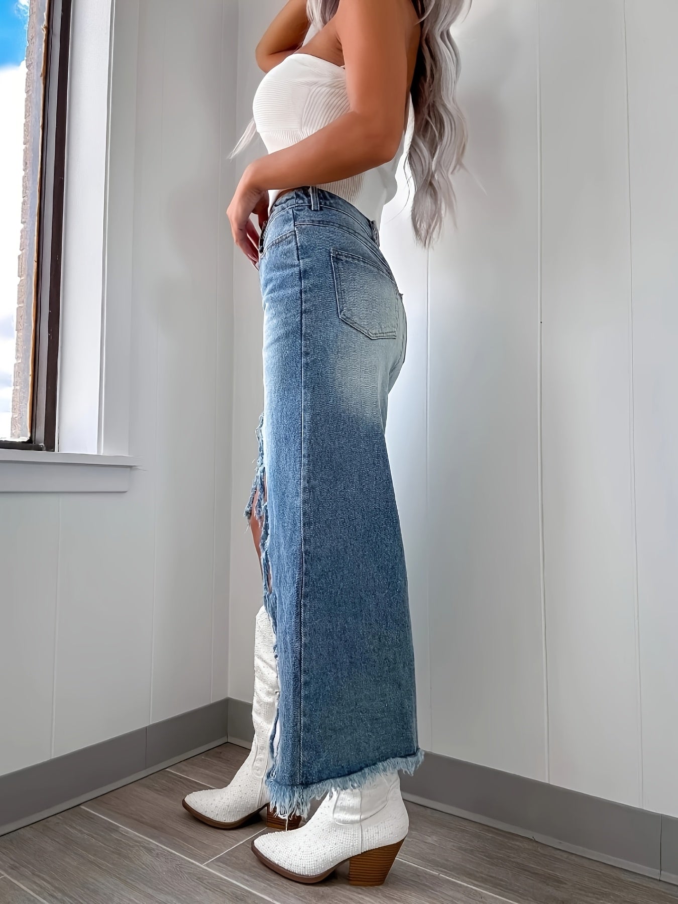 2025 Spring New High Waist Irregular Burr Denim Skirt Women'S Clothing Old Washed Skirt