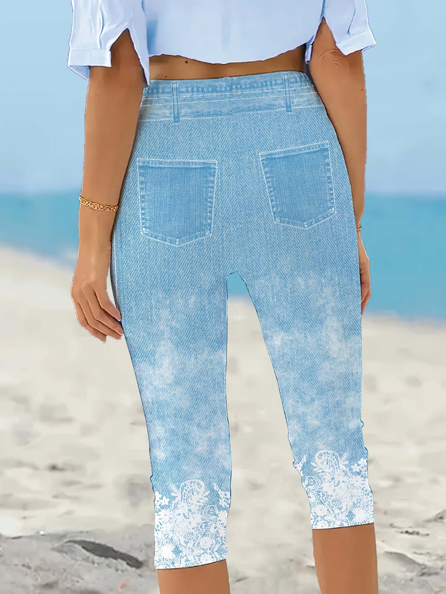 2pcs Women's Elegant Floral Print Skinny-Fit Capri Leggings - Polyester Machine-Washable All-Season Pants for Casual & Formal Wear, Versatile Bottoms, Trendy Bottoms, Comfortable Fit, Fitted Bottoms, Stylish Ladies
