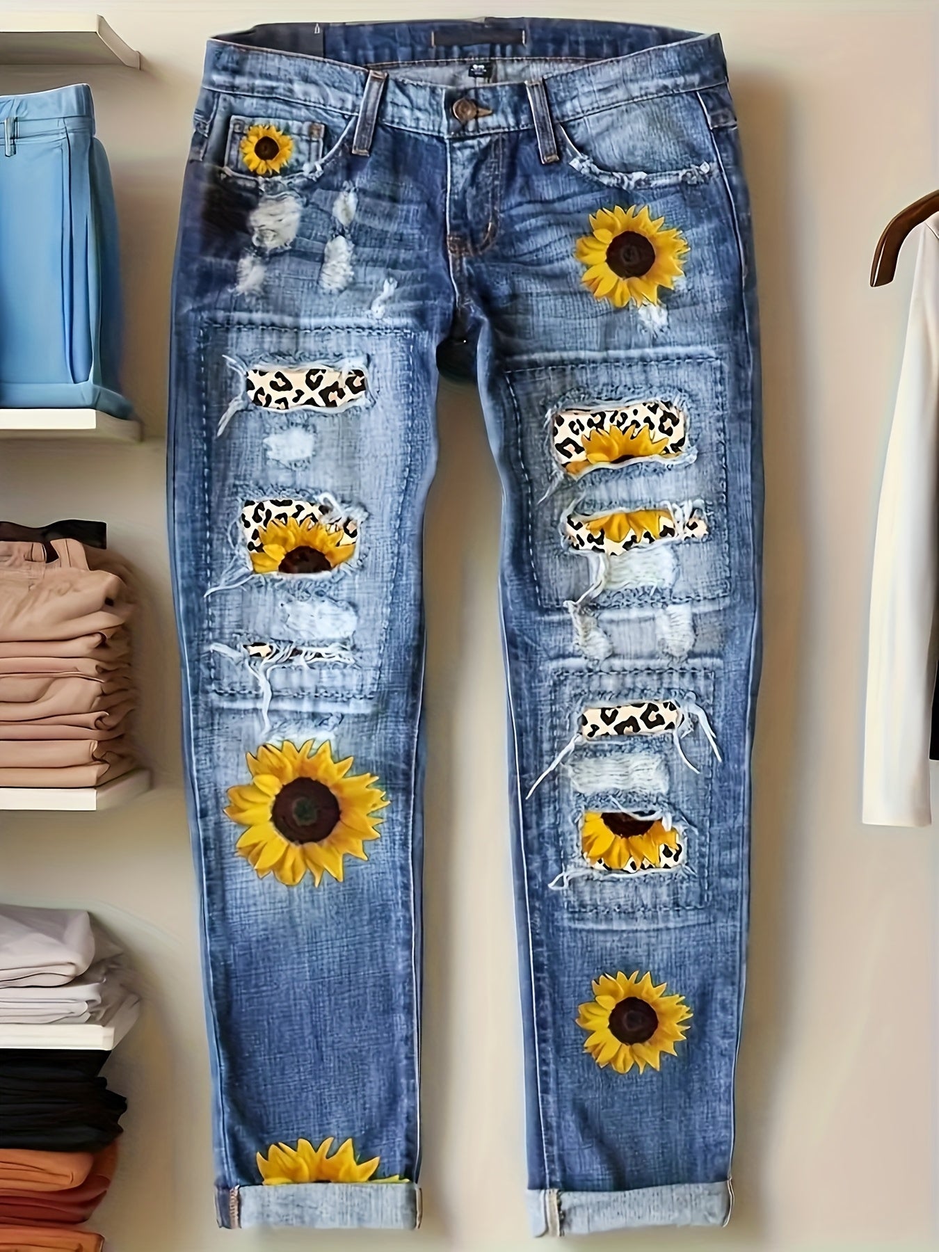 1pc Women'S Slim Fit Floral Print Denim Jeans - Stretchy, Elegant Style with Vibrant Flower Design, Perfect for Spring & Fall, Jeans for Women