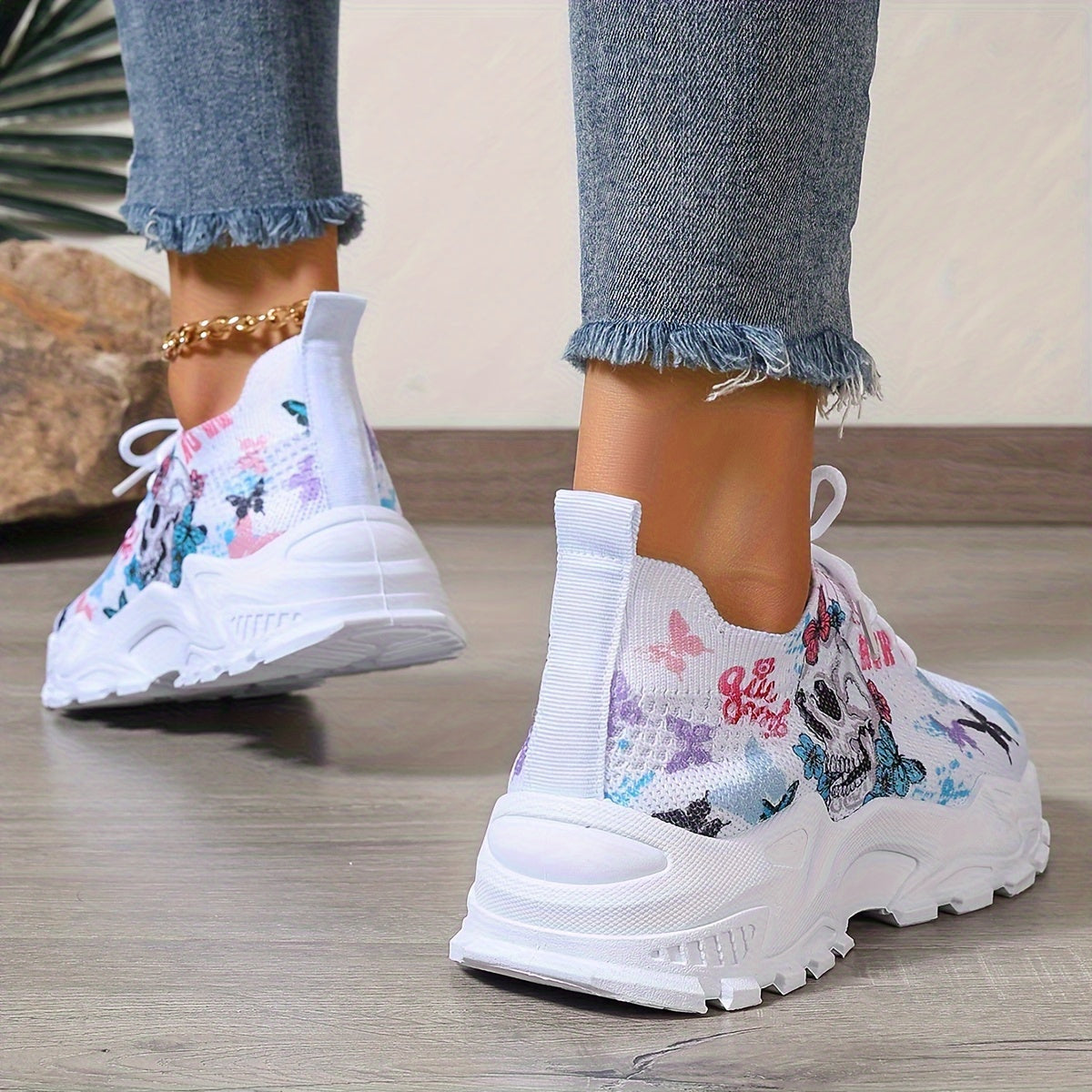 Women's Breathable Low-Top Sneakers with Butterfly & Skull Print - Lace-Up Round Toe Sneakers Suitable for Running, Walking, Daily Wear - PVC Sole & Microfiber Insole, Casual Sportswear (North Fit), Women Shoes