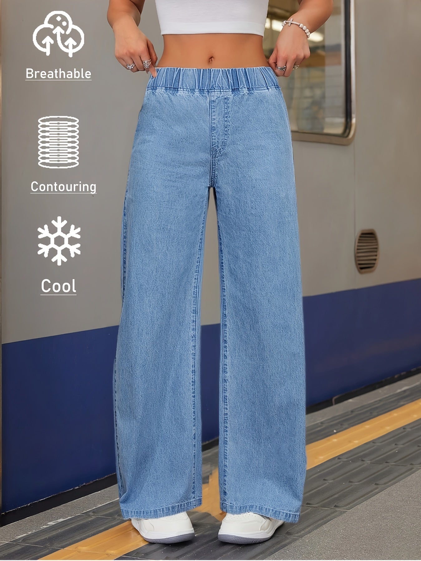 Women's Versatile Mid-blue Casual Stretch Waist Wide-leg Loose Regular Lightweight Denim Jeans