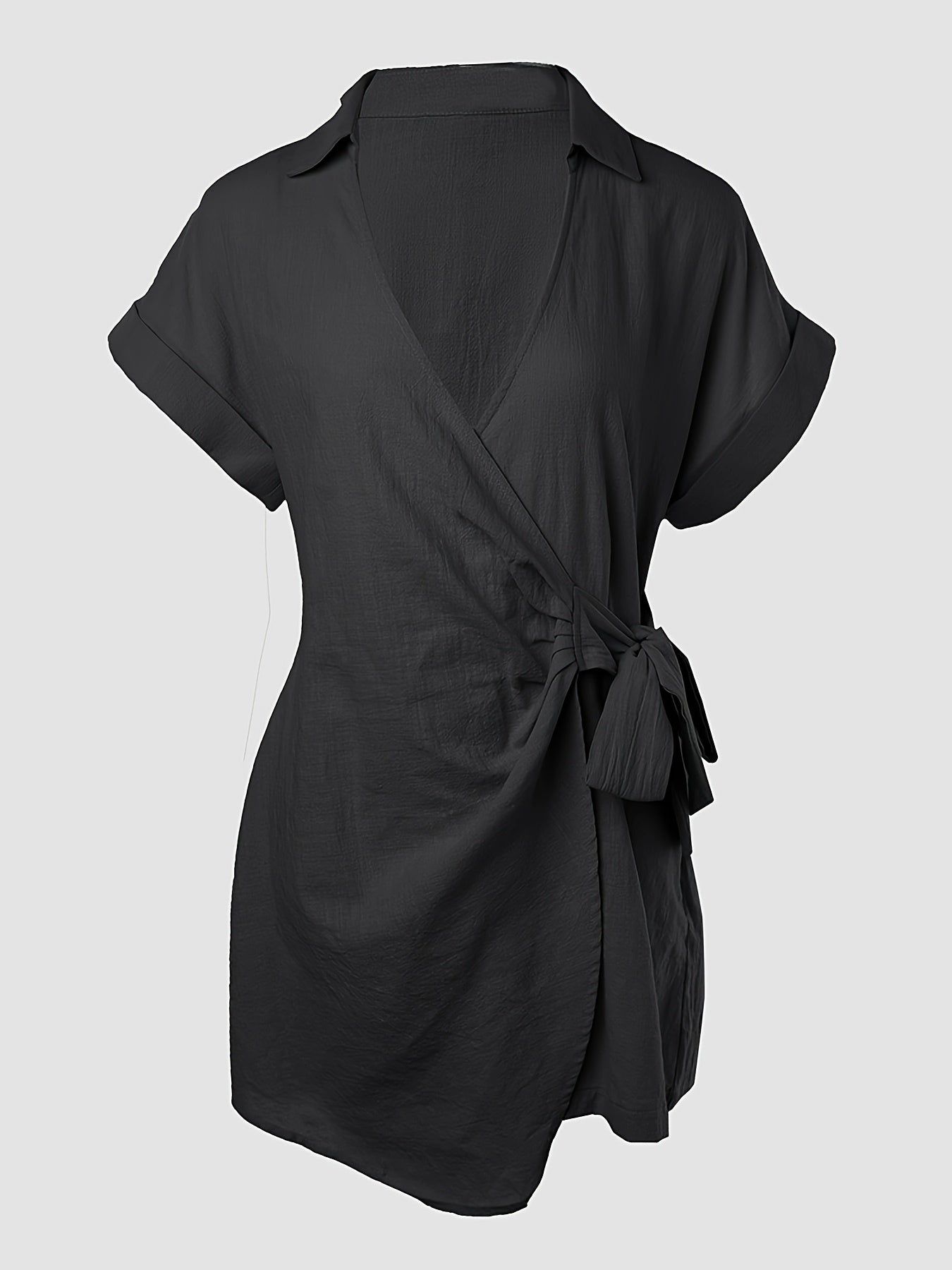 Women's Black Deep V Neck Short Sleeve Jumpsuit with Waist Tie And Ruffle Details for Casual And Work Wear