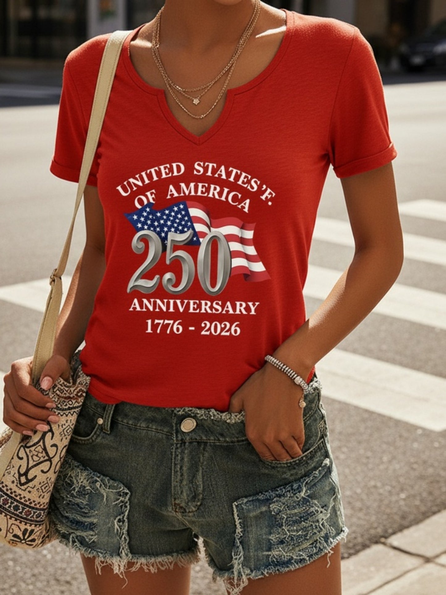 American Glory Print V-Neck Roll-Sleeve T-Shirt, Flag And Anniversary Text, Low-Key Patriotic, Women'S Basic Style, Comfortable And Versatile for Daily Commute And Commemorative Wear