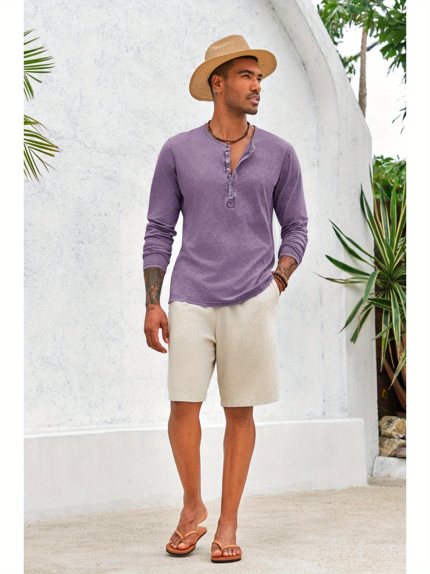 Men'S Distressed Henley Shirts with Front Placket, Retro Long Sleeve T-Shirts, Casual Button- Washed T-Shirts for Men