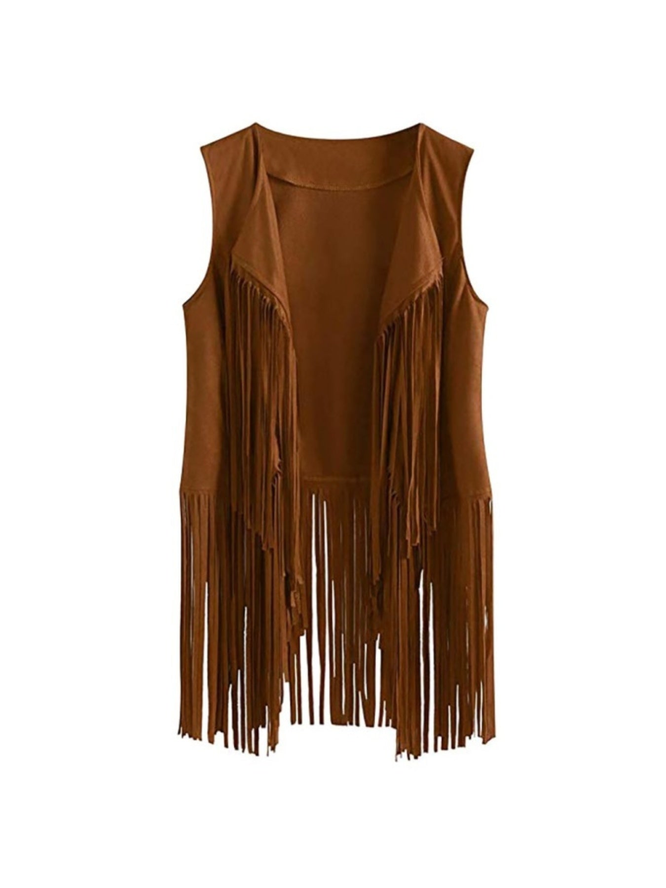 Women' Faux Suede Fringe Vest with Tassels - Western Cowgirl Jacket, Soft Flip-Collar Sleeveless Waistcoat Coat for All-Season Wear, Casual Outfits & Themed Events (Medieval Renaissance Fair) - Solid Color Plain Matching Outerwear