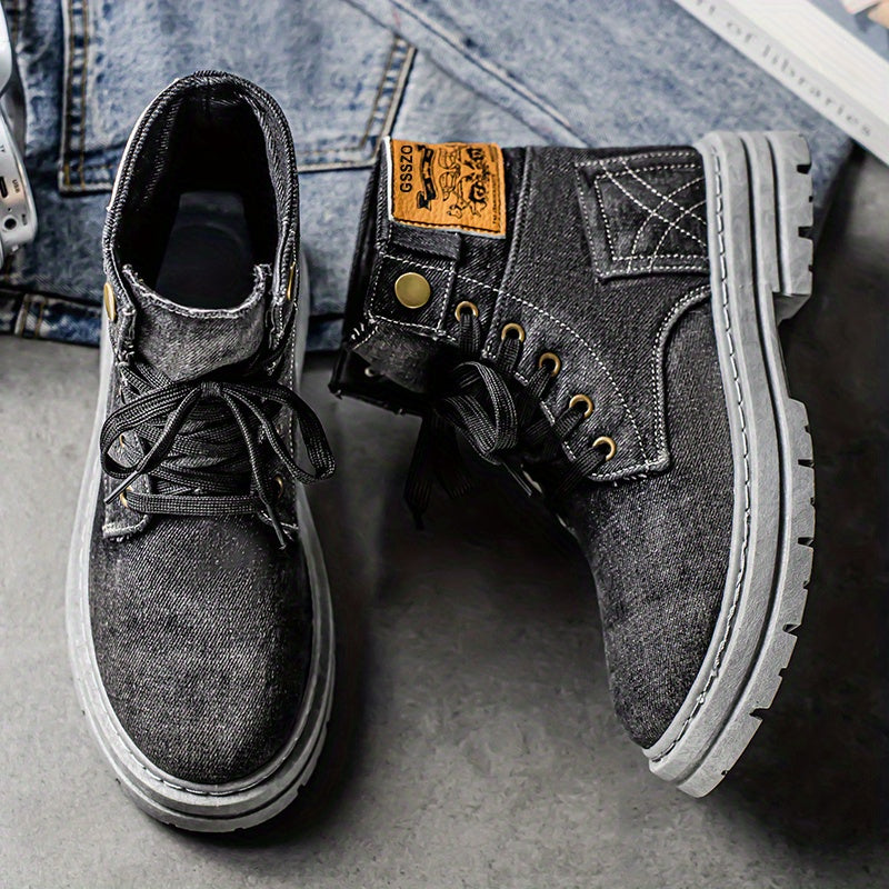 Retro-Style High-Top Sneakers - Casual Canvas Boots Featuring Lace-Up Design, Round Toe, And Beige Laces, Comfortable for All Seasons for Outdoor And Everyday Use, Outdoor Shoes | Retro Sneakers | Sturdy Footwear
