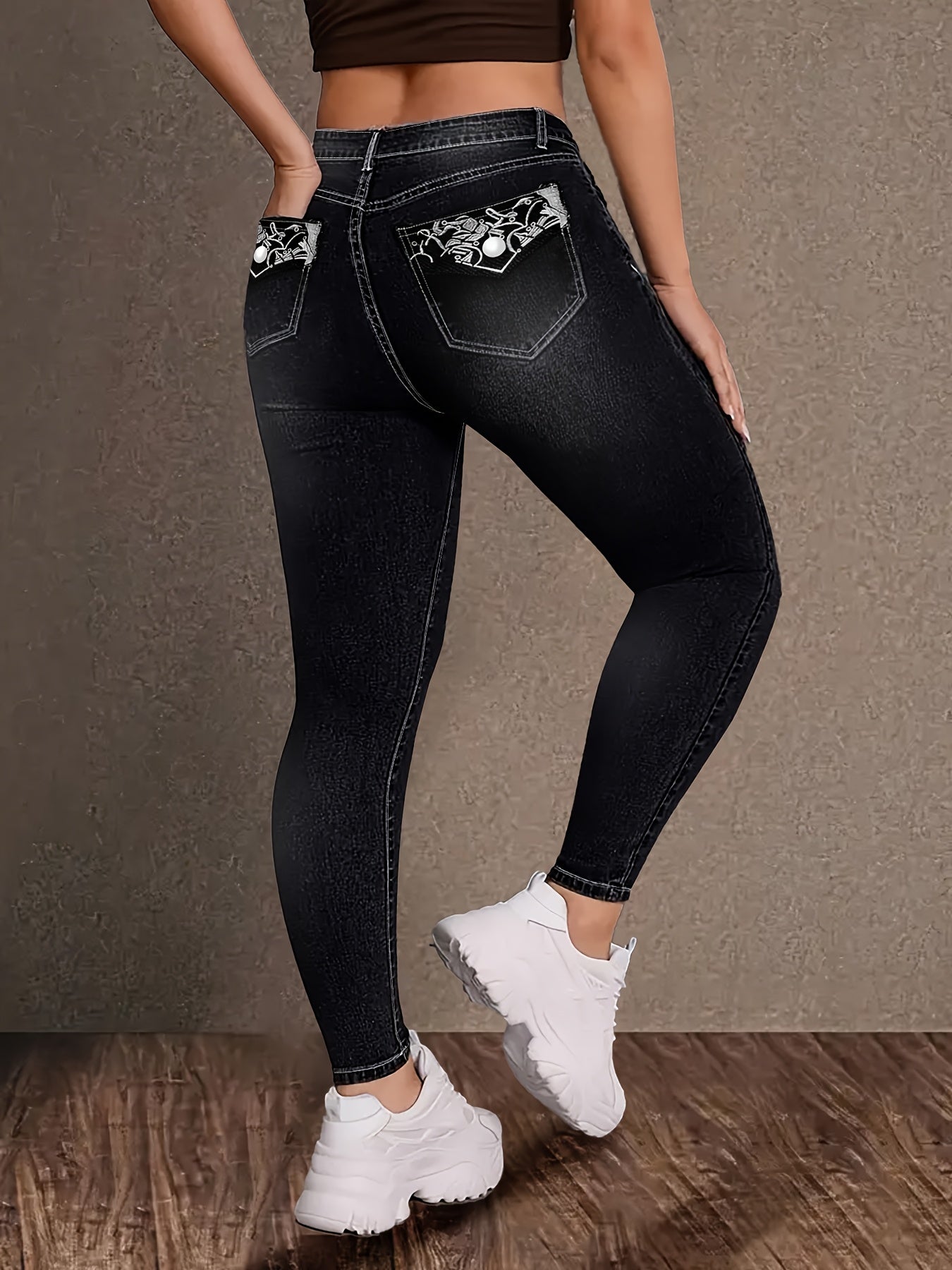Women's High-Waisted Slim Fit Denim Jeans with Geometric Embroidery Back Pocket & Decorative Buttons - Stretchy Cotton Streetwear Pants for Casual Outings