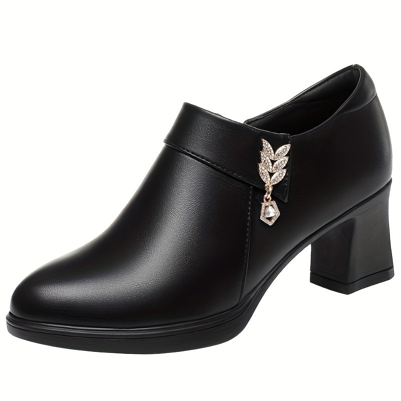 Women'S Elegant Glossy Faux Cover Chunky Heel Ankle Boots with Golden-Tone Buckle And Zipper Closure - Round Toe Synthetic Cover Dress Shoes, All-Season Versatile Casual to Formal Wear, High Heel Boots, Women Shoes