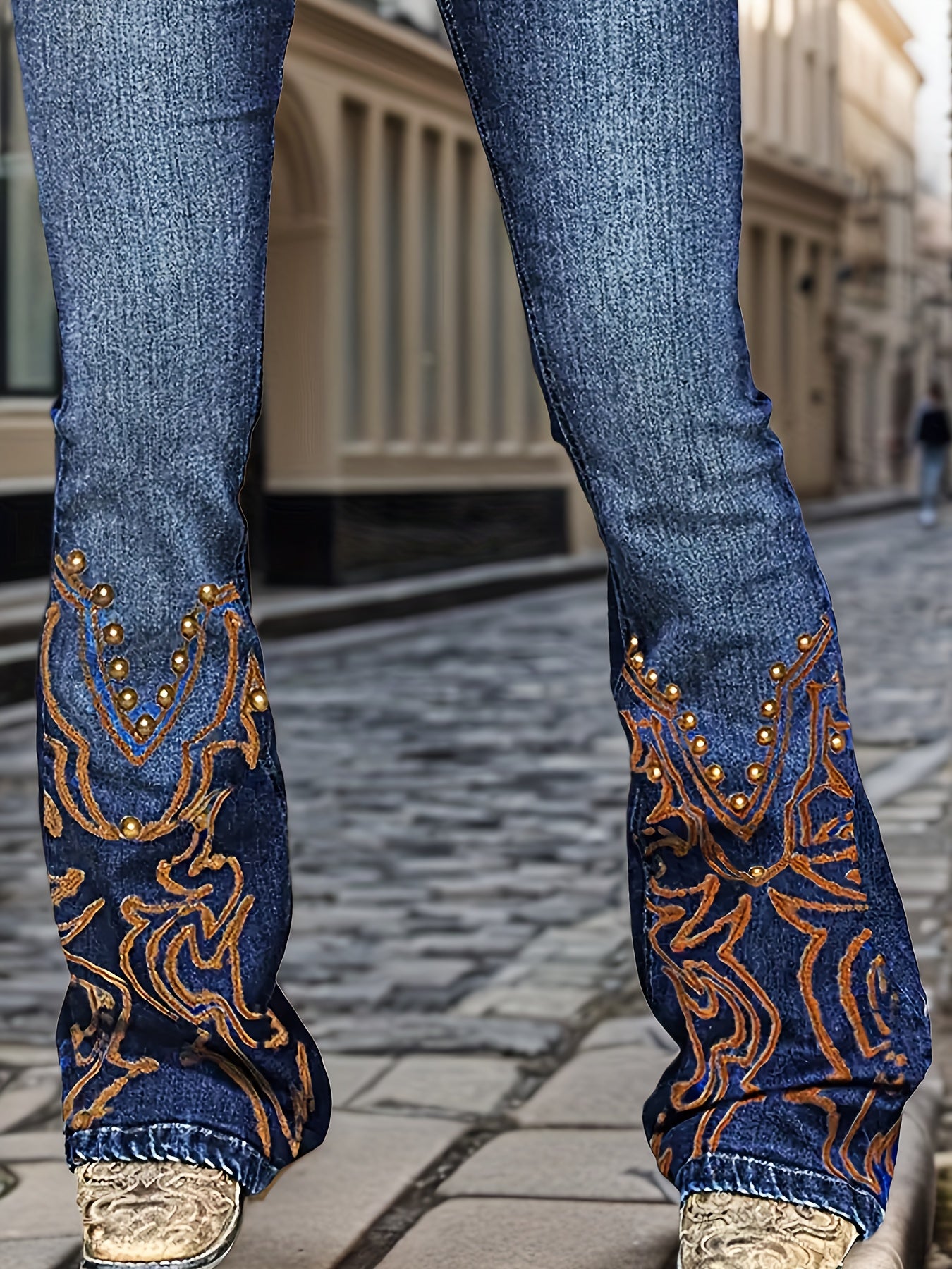 Women's Dark Blue Denim Printed Jeans - product view 8