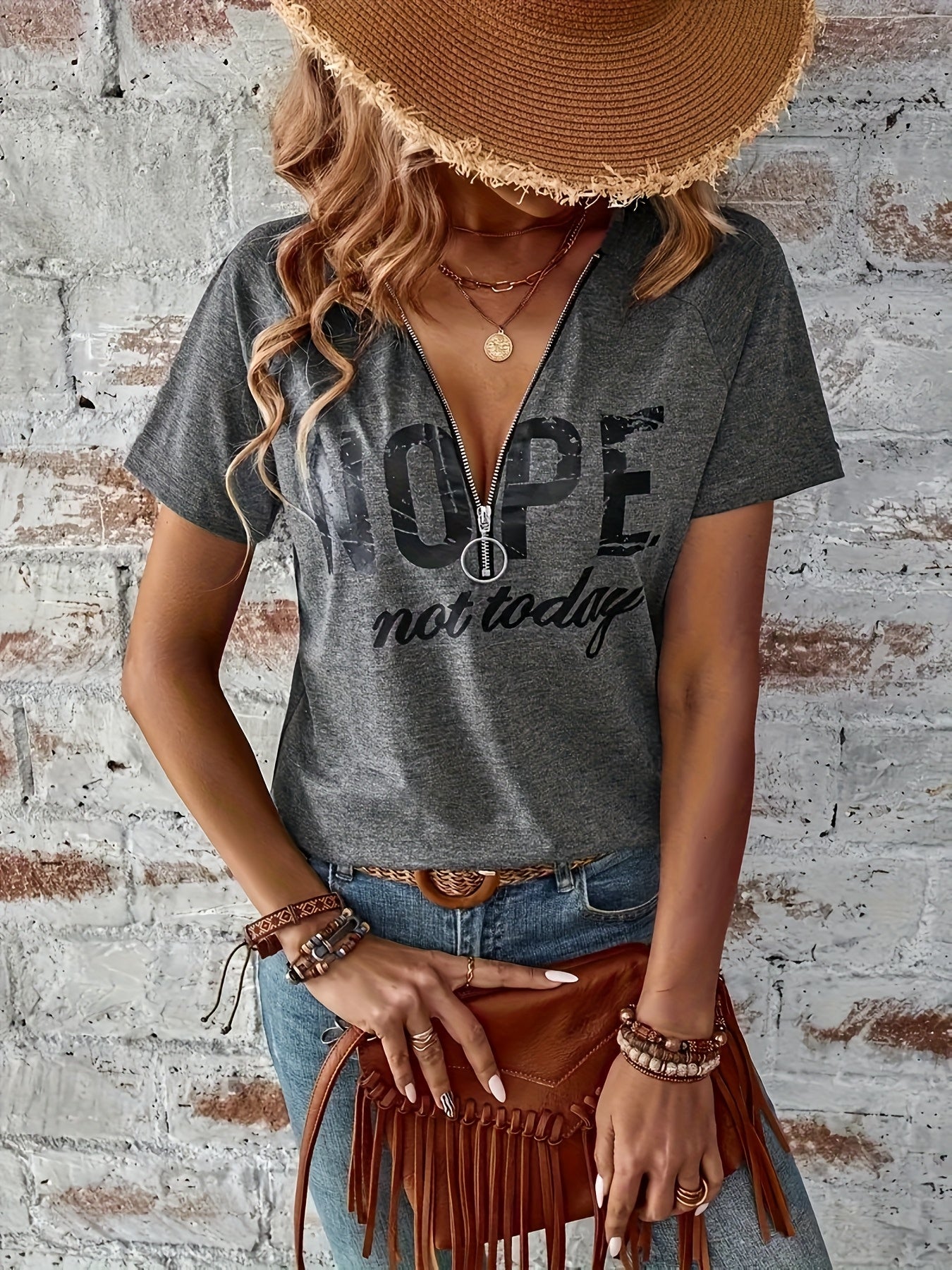Elegant V-Neck T-Shirt with Zip Detail - Soft, Machine Washable, Letter Print Design for Women
