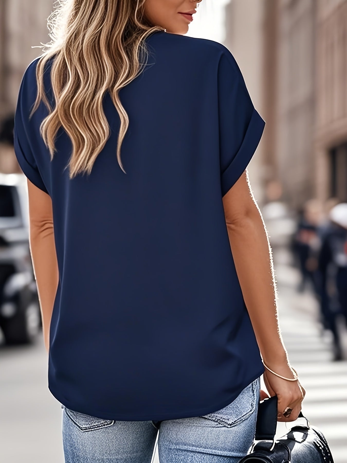2025 Spring/Summer New Solid Color V-Neck Bat Women'S Short Sleeve Polo Collar Top Solid Color Women'S Shirt