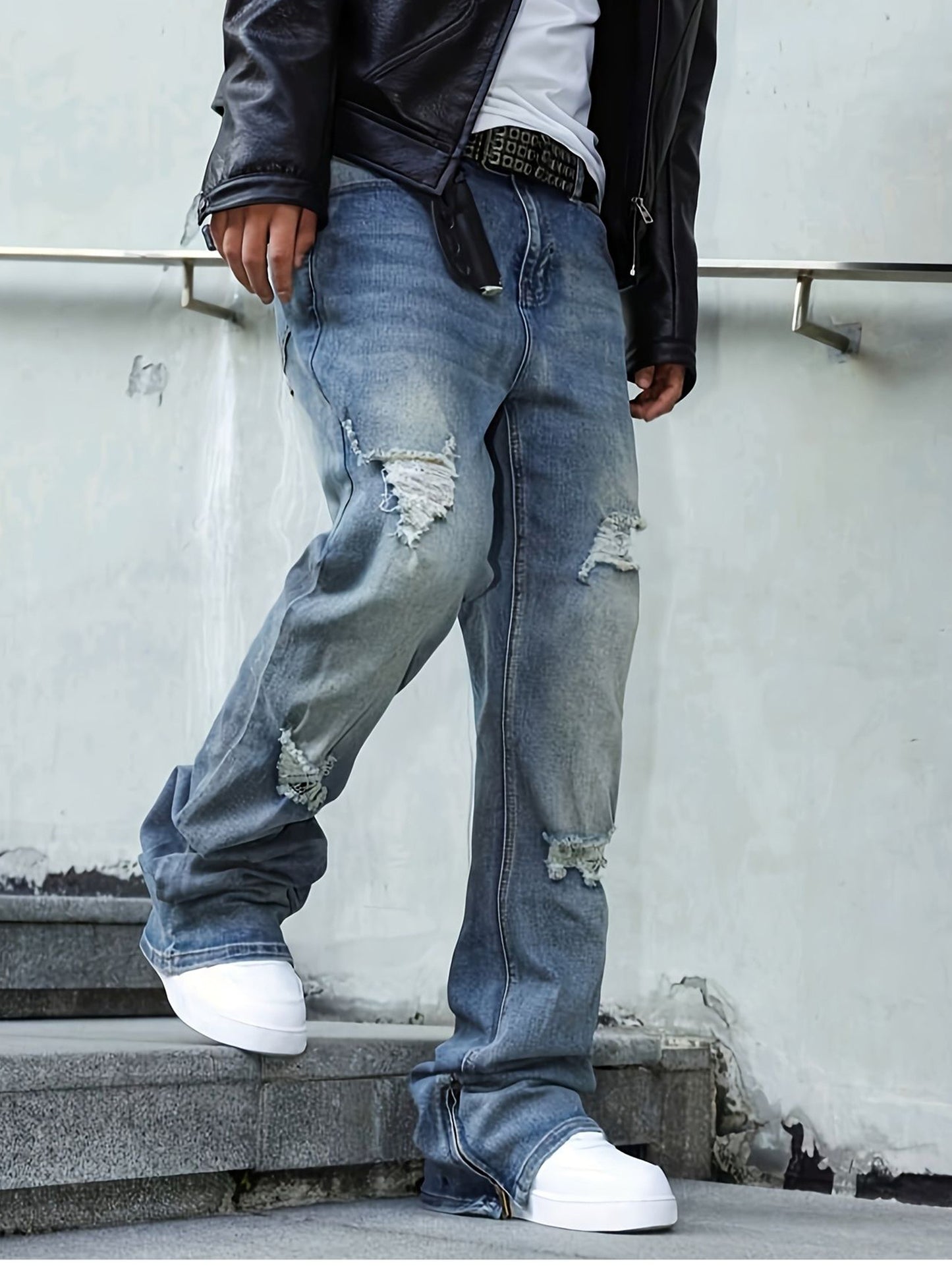 Men's Straight-leg Distressed Jeans- Mid-rise, Stretch Blend, Leg Zipper Design, Street Style, Ripped Details, Comfortable and Versatile, Suitable Trendy Outfits, Stylish Long Pants Slim-fit Jeans Durable Fabric