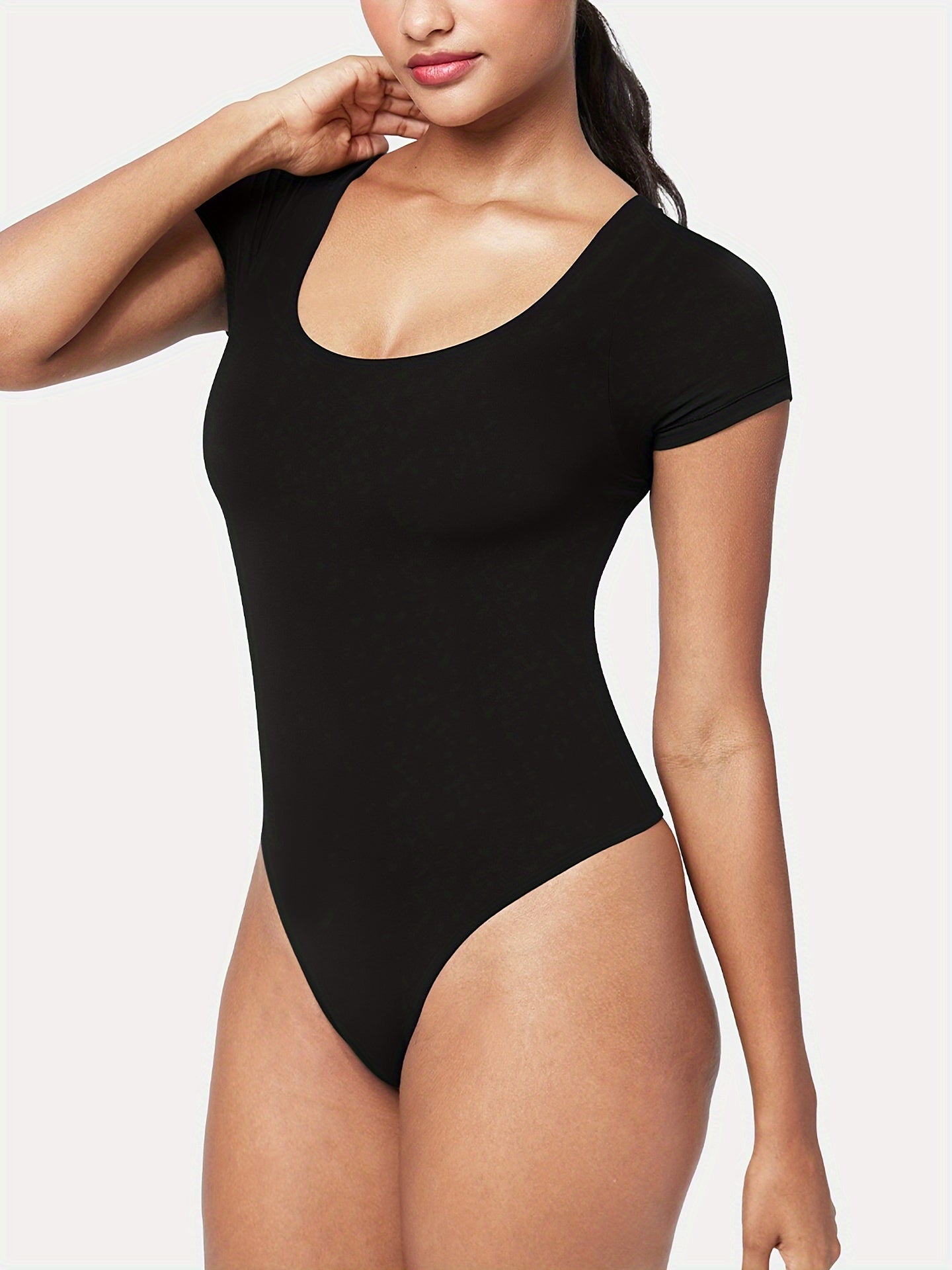 Women's Classic Scoop Neck Short Sleeve Bodysuit - Soft Nude Stretchy Breathable Fabric, Lightweight All-Season Versatile Wear for Office, Vacation & Parties, Sexy Short Sleeves Blouses, Office Outfit, Minimalist Style, Comfortable Fit, Fitted Top, Office