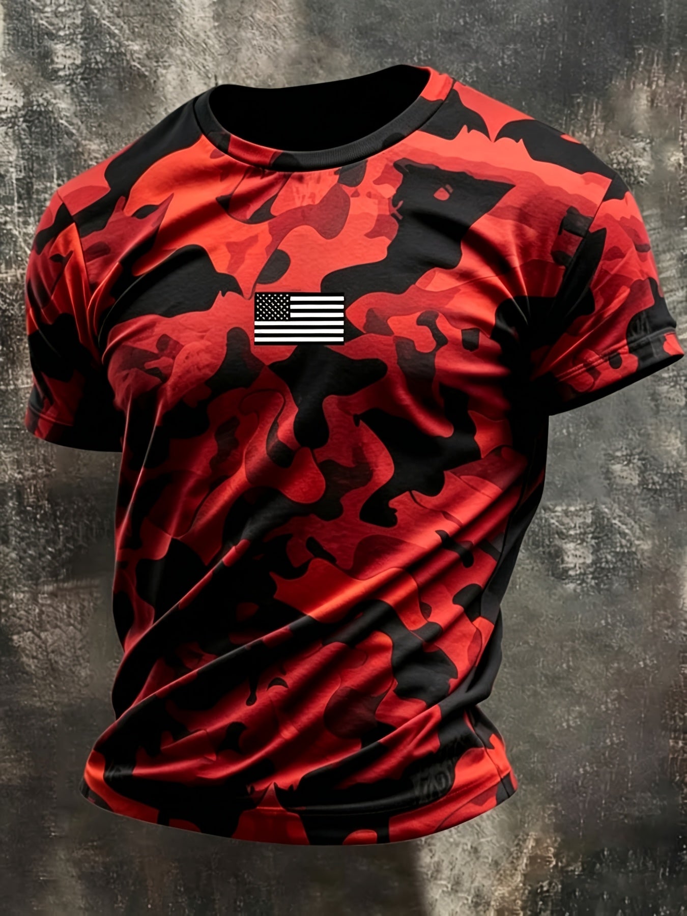Trendy Orange Black Camouflage Splicing Design, Mini American Flag on Chest, Round Neck Short Sleeve Silhouette, Casual And Versatile, Plus Size Friendly, Suitable for Outdoor Commuting, Showcasing American Tough Guy Style