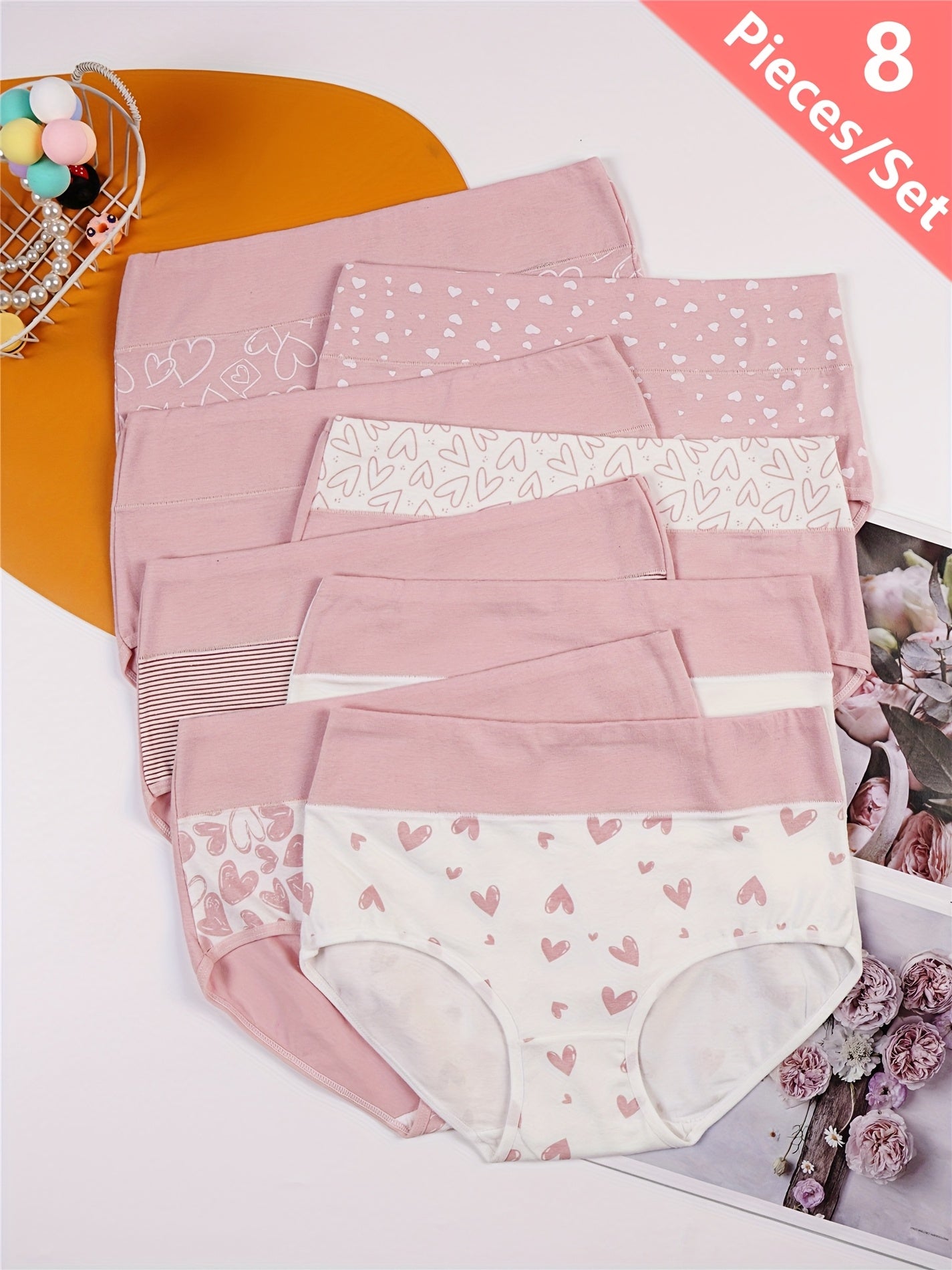 8pcs High-Waist Women's Tummy Control Panties, Breathable Comfort Fit with Heart Print Briefs, Valentine's Day Gift