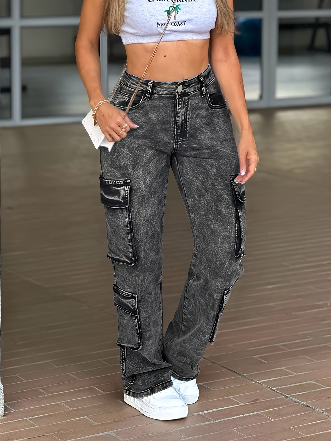 Work Pocket Straight High Waist Straight Jeans, Women's Casual Style Multi-pocket Work Jeans with Stretch And Comfort Heavy Wash Women's Jeans And Clothing