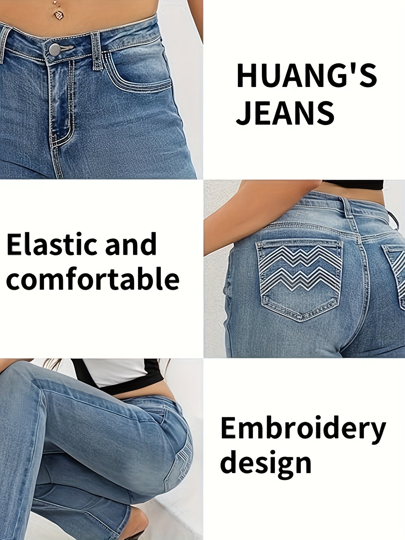 HME Autumn/Winter New Arrival - Women's Stretch Flared Fashion Pants with Contrast Stitching and Embroidery, Stylish and Elegant Classic Vintage Blue, Suitable for All Seasons, Women's Long Pants, No Belt Included
